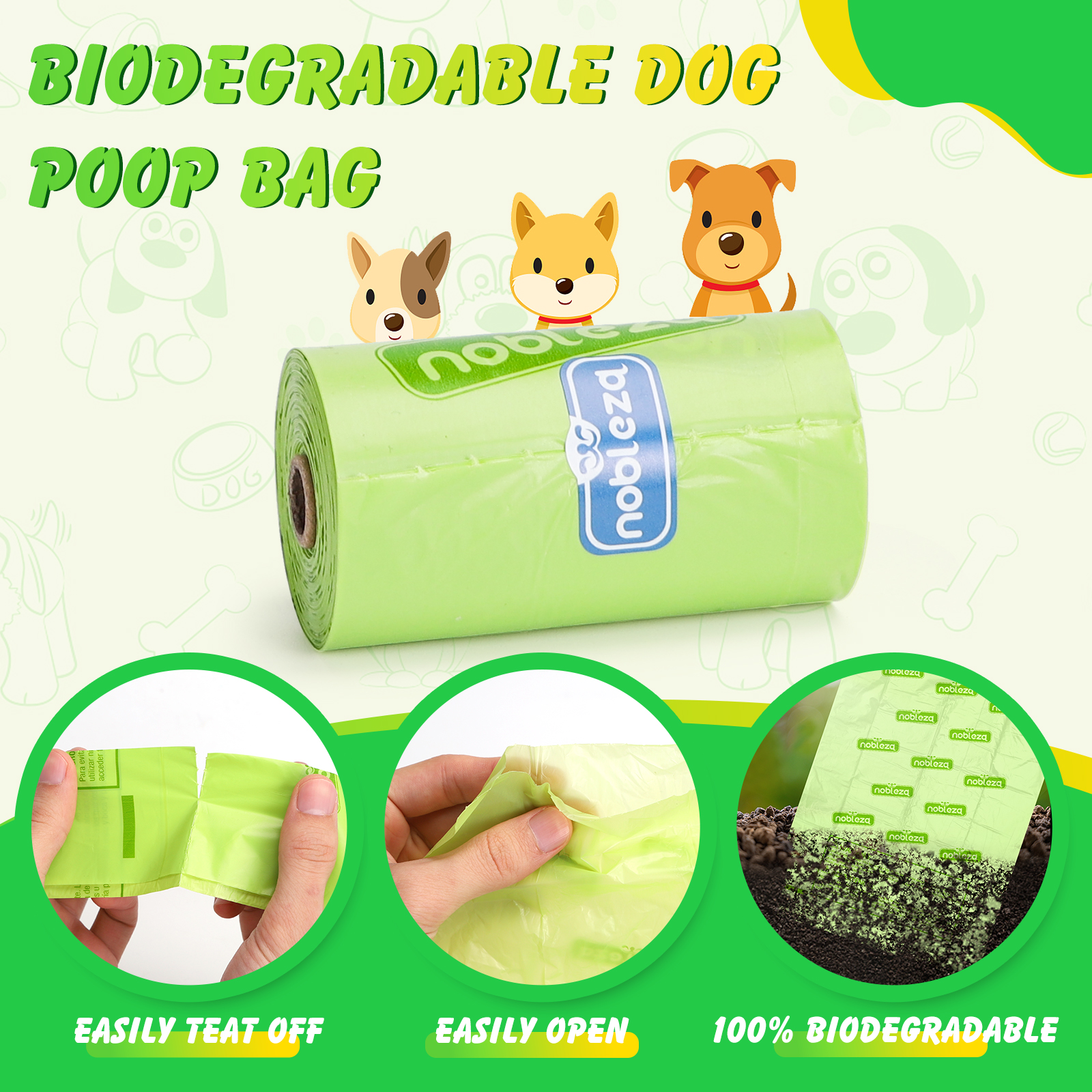 Rollo de bolsas verdes biodegradables para excrementos de perro con ilustraciones y texto.