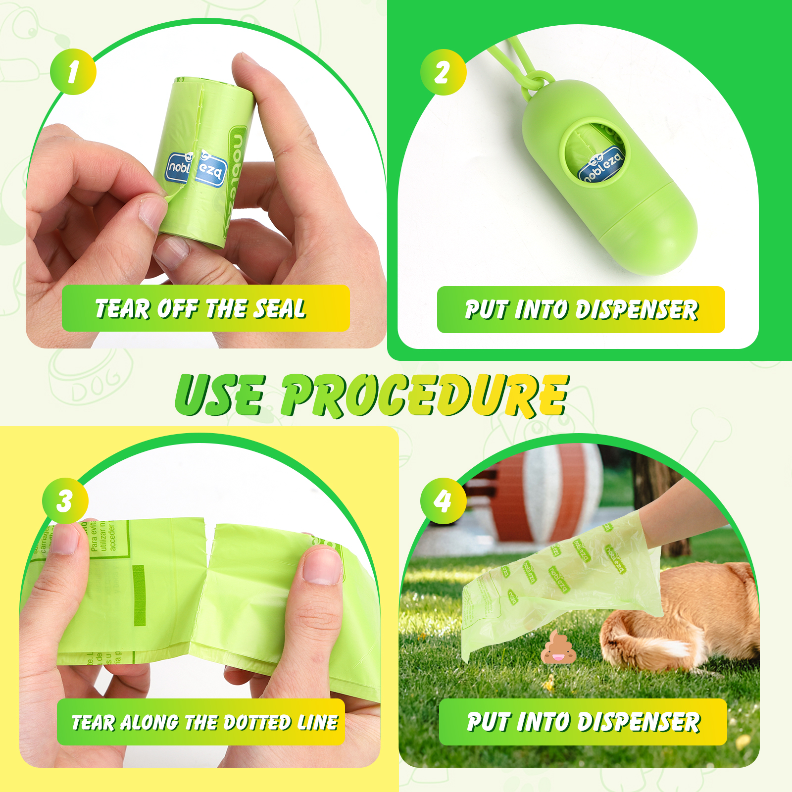 Instrucciones sobre cómo usar bolsas para excrementos de perro: rasgar, dispensar y desechar.
