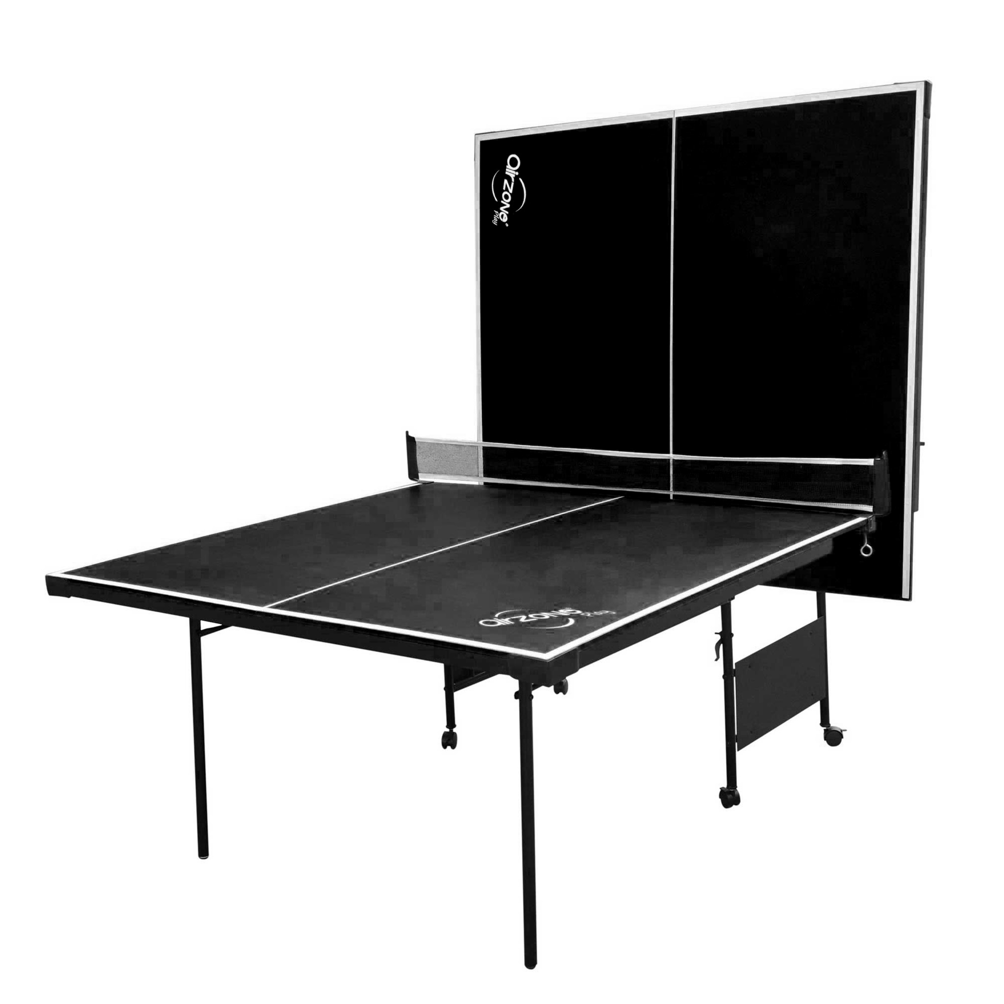 Schwarze Tischtennisplatte mit Netz, aufrechter schwarzer Rückwand, auf Rädern, weiße Linien.