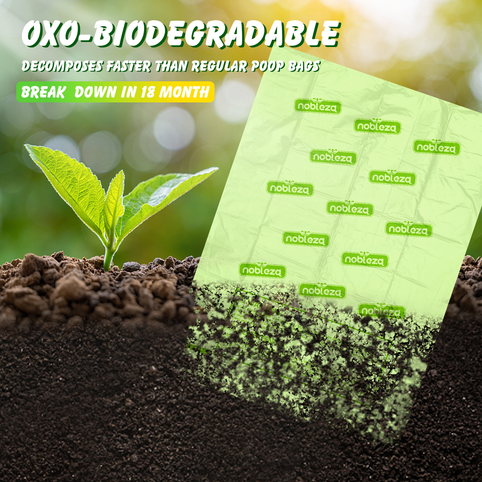 Bolsa de caca biodegradable verde, parcialmente enterrada en tierra, con texto.