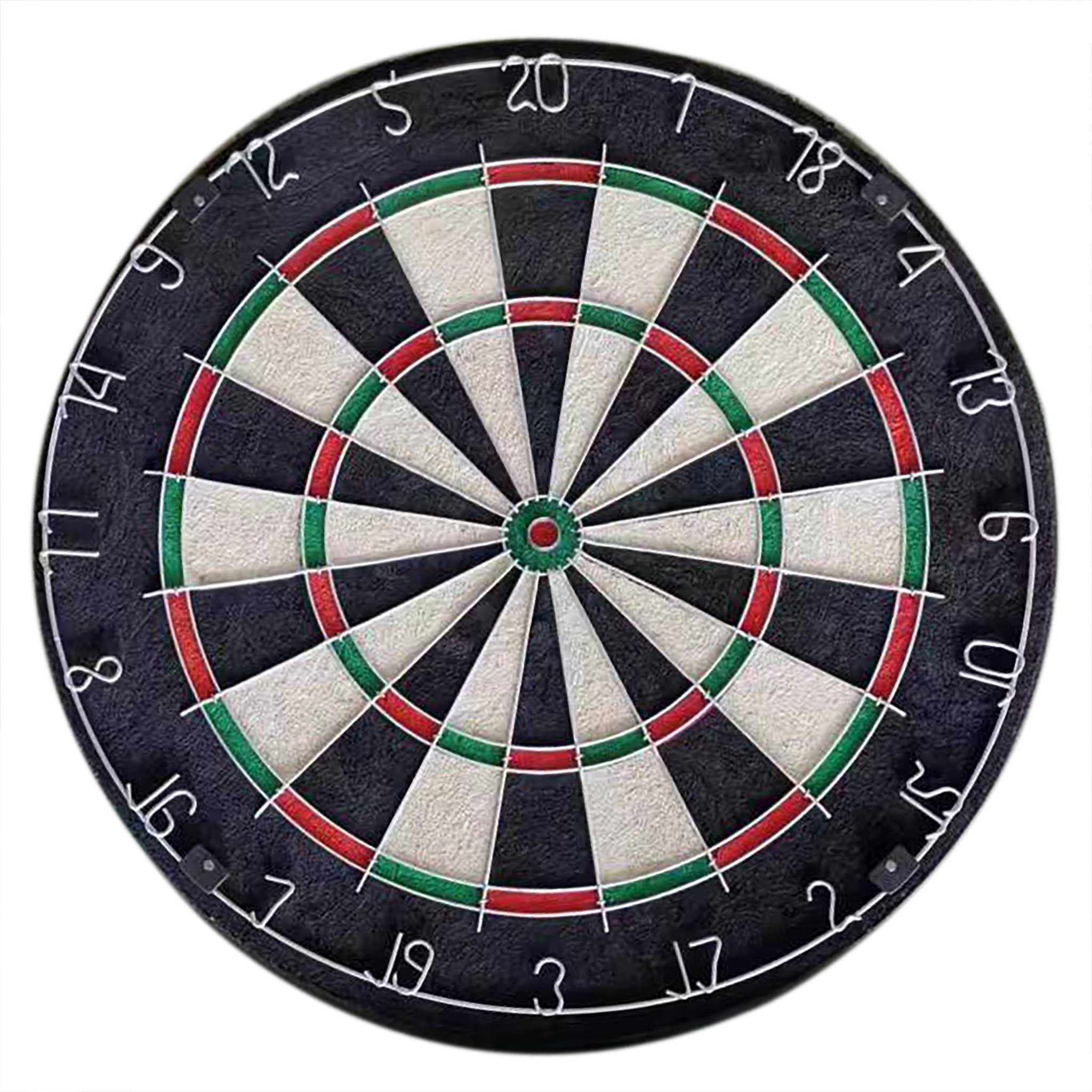 Eine schwarze Dartscheibe mit weißen, grünen und roten Sektionen. Zahlen sind am Rand.