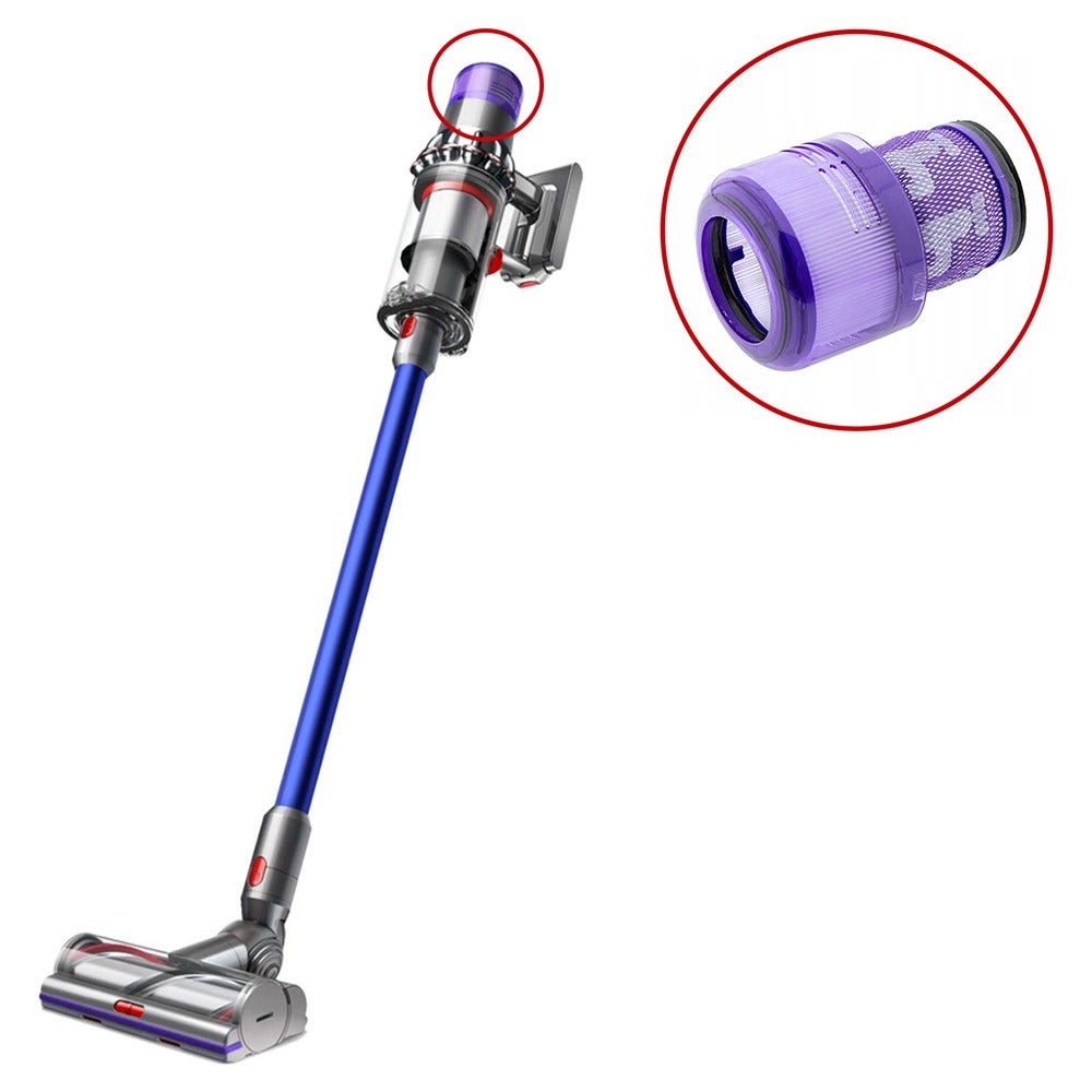 Un aspirapolvere senza fili blu e argento con un filtro viola evidenziato.