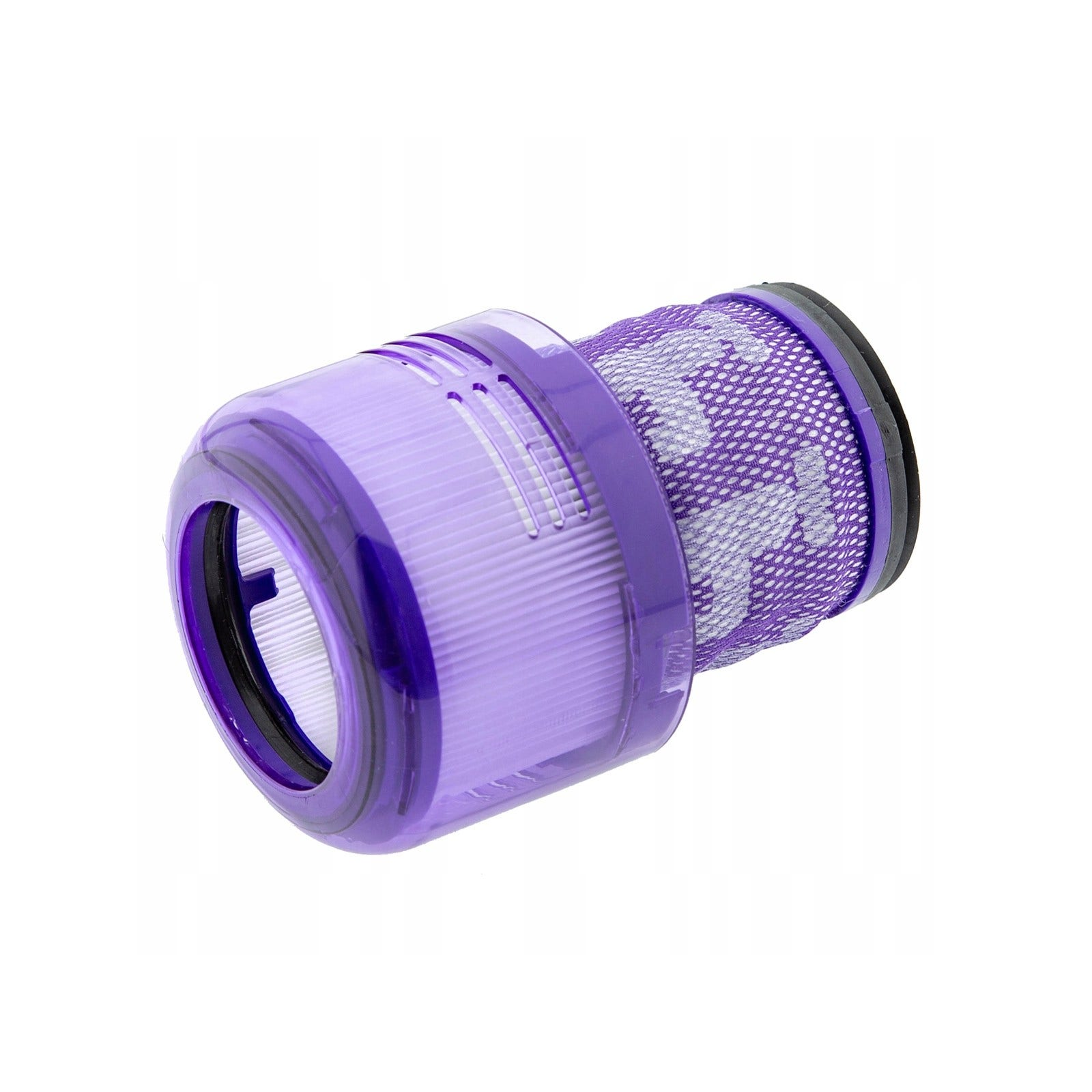 Un filtro per aspirapolvere viola su sfondo bianco. Il filtro ha un design a rete.