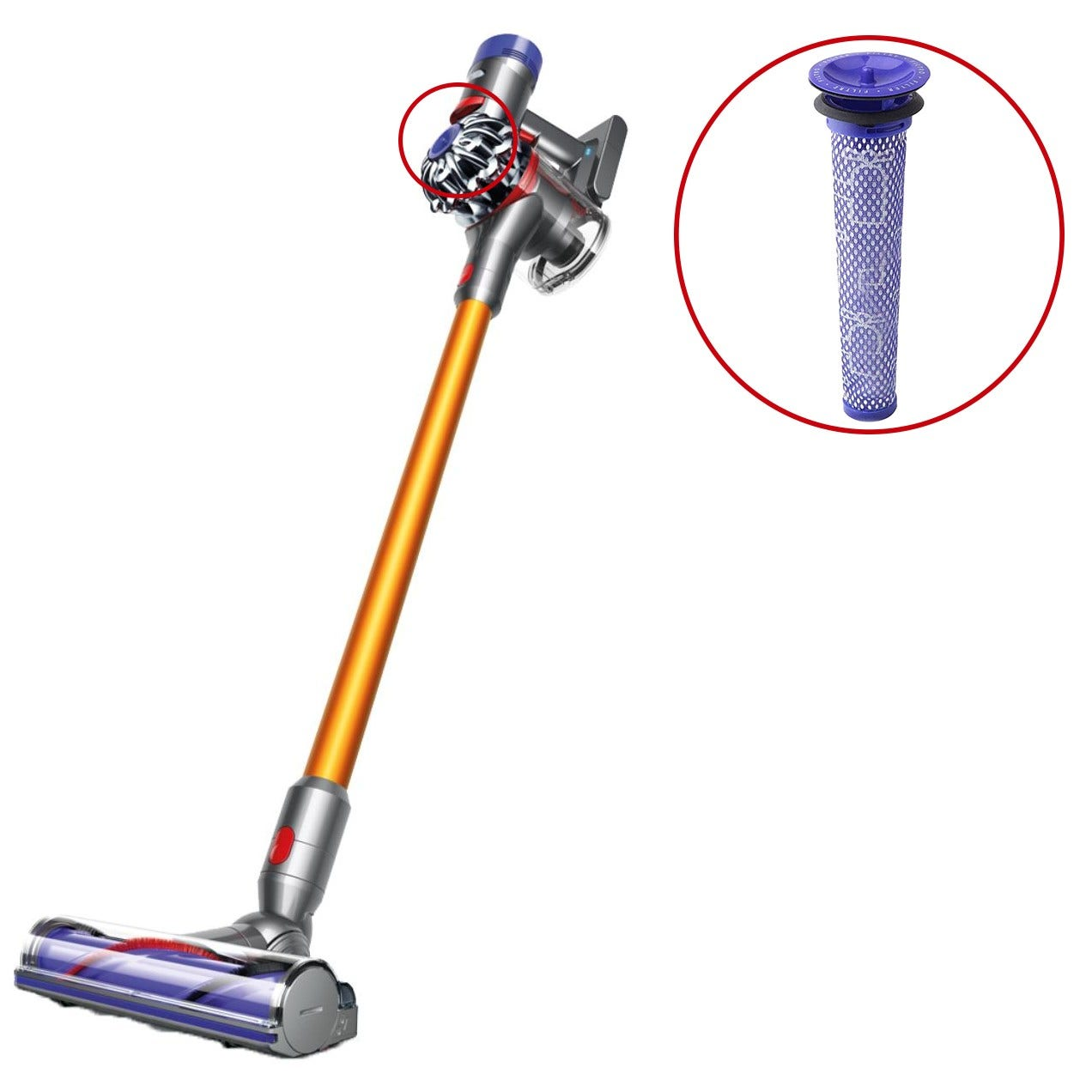 Dyson-Staubsauger mit hervorgehobenem Filter.