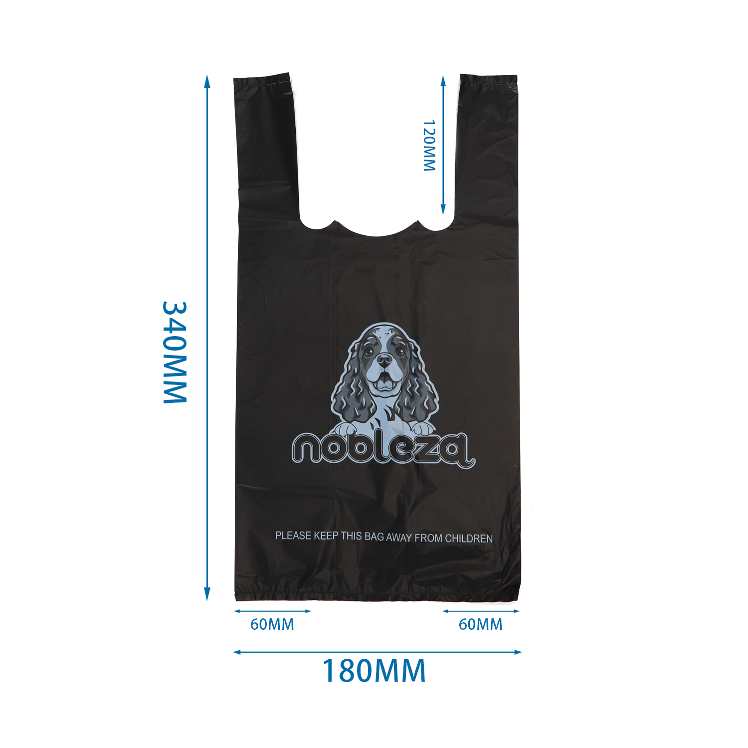 Bolsa negra para excrementos de perro con dimensiones. Una imagen de perro está impresa en la bolsa.