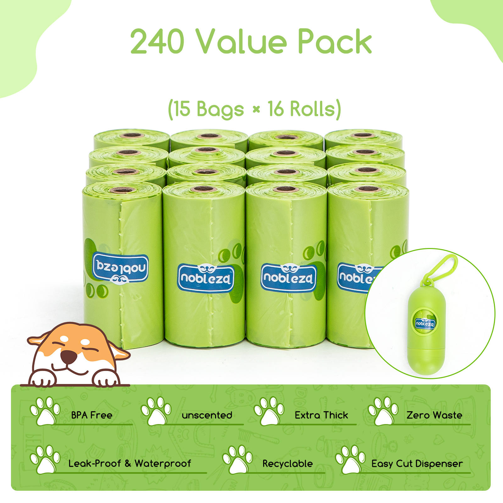 Un paquete de bolsas verdes para excrementos de perro con dispensador. Texto: sin BPA.
