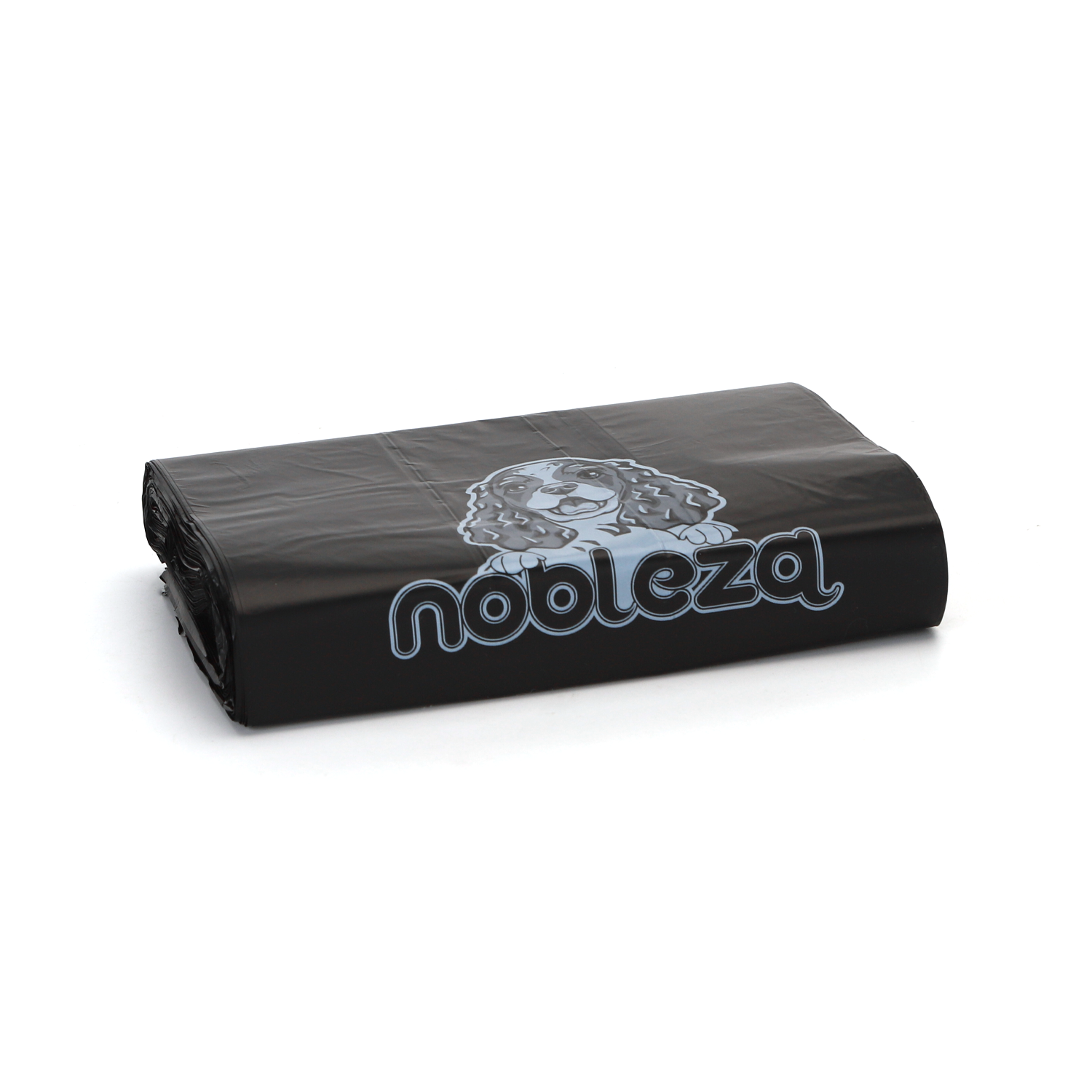 Un rollo negro de bolsas para excrementos de perro. La bolsa tiene un dibujo de un perro y dice 'nobleza'.