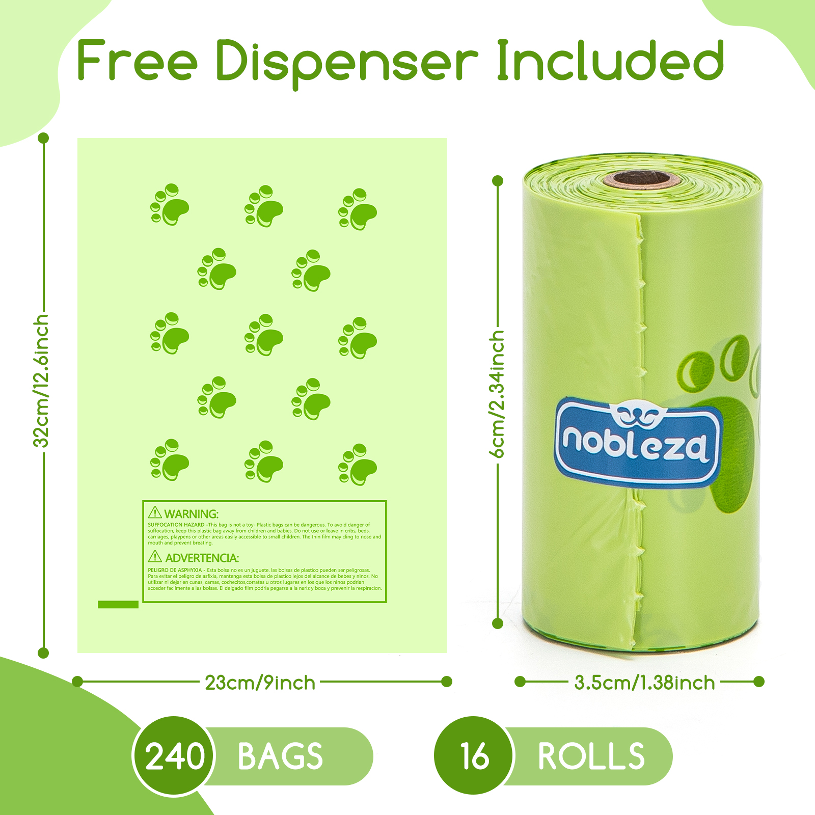 Rollo de bolsas verdes para excrementos de perro con advertencia y medidas a la izquierda.