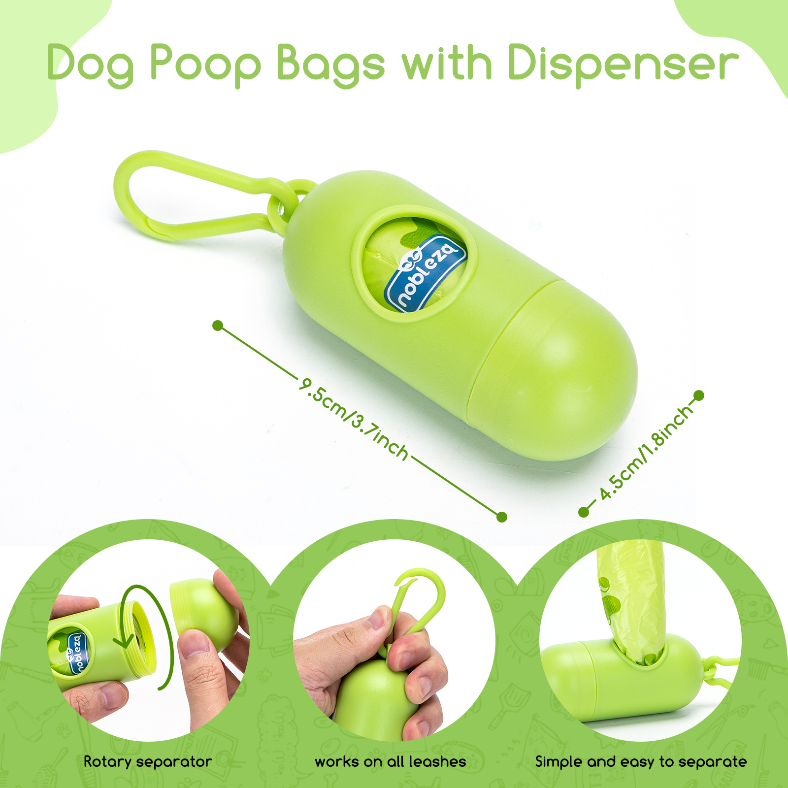 Dispensador de bolsas para excrementos de perro verde, con medidas e ilustraciones de uso.