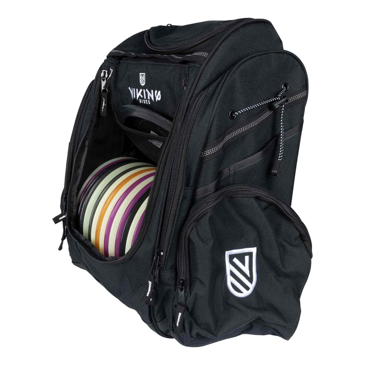 Schwarze Viking Discs Tasche. Disc Golf Scheiben sichtbar. Viking Discs Logo sichtbar.