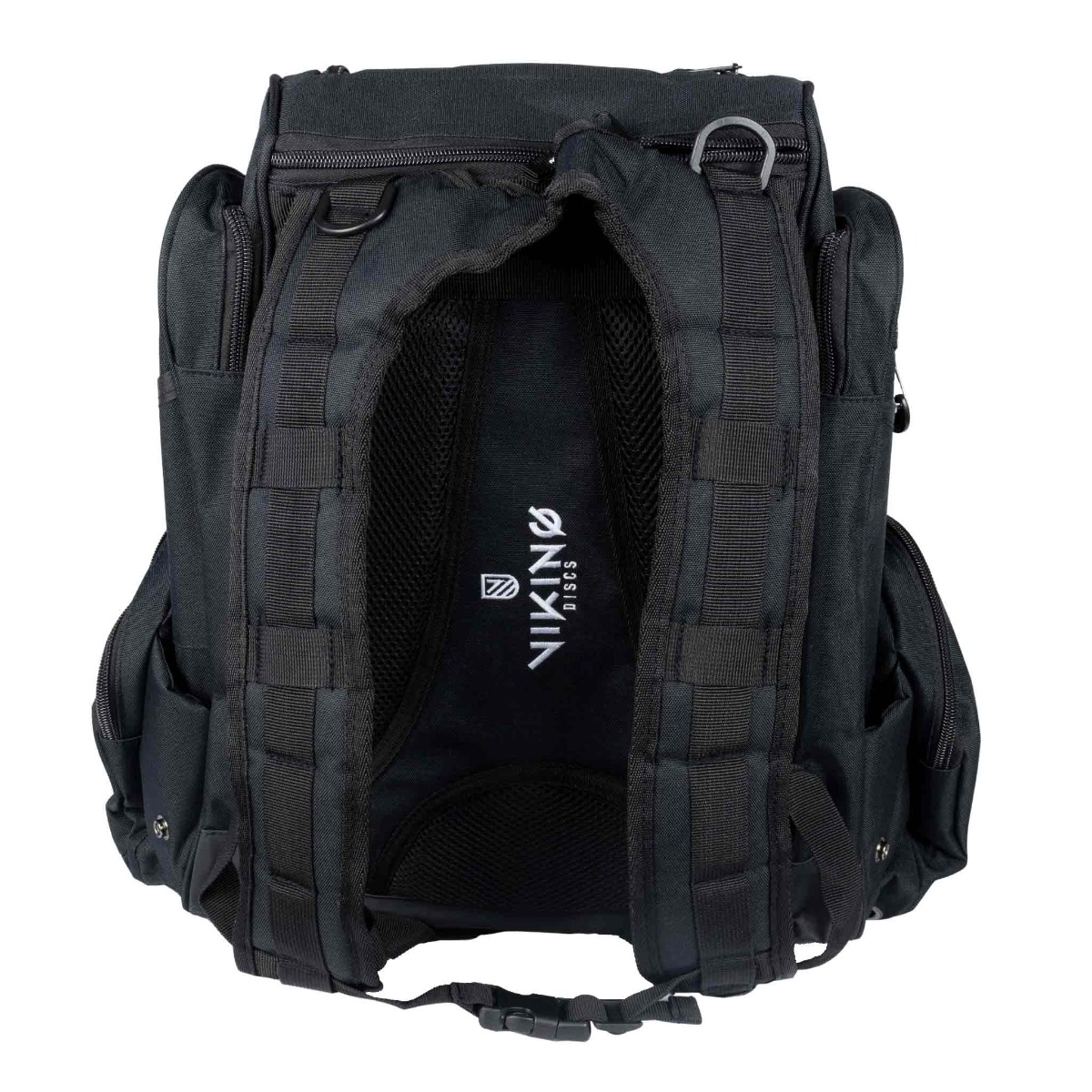 Schwarzer Rucksack mit mehreren Fächern und Gurten. Viking Discs Logo sichtbar.