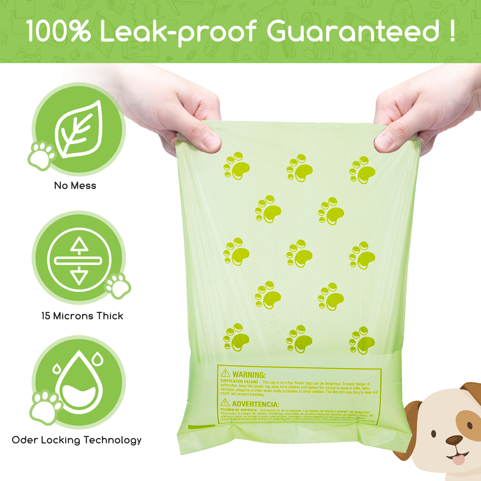 Bolsa verde para excrementos de perro con huellas de patas, texto y un icono de perro de dibujos animados.