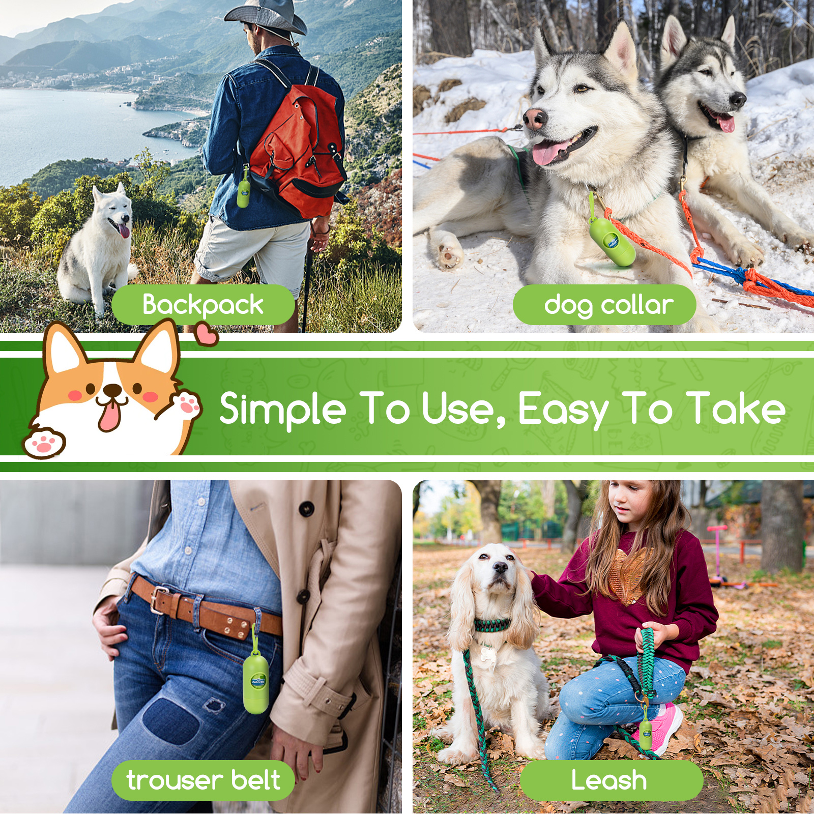 Collage de perros con accesorios. Incluye mochila, collar, correa y cinturón.
