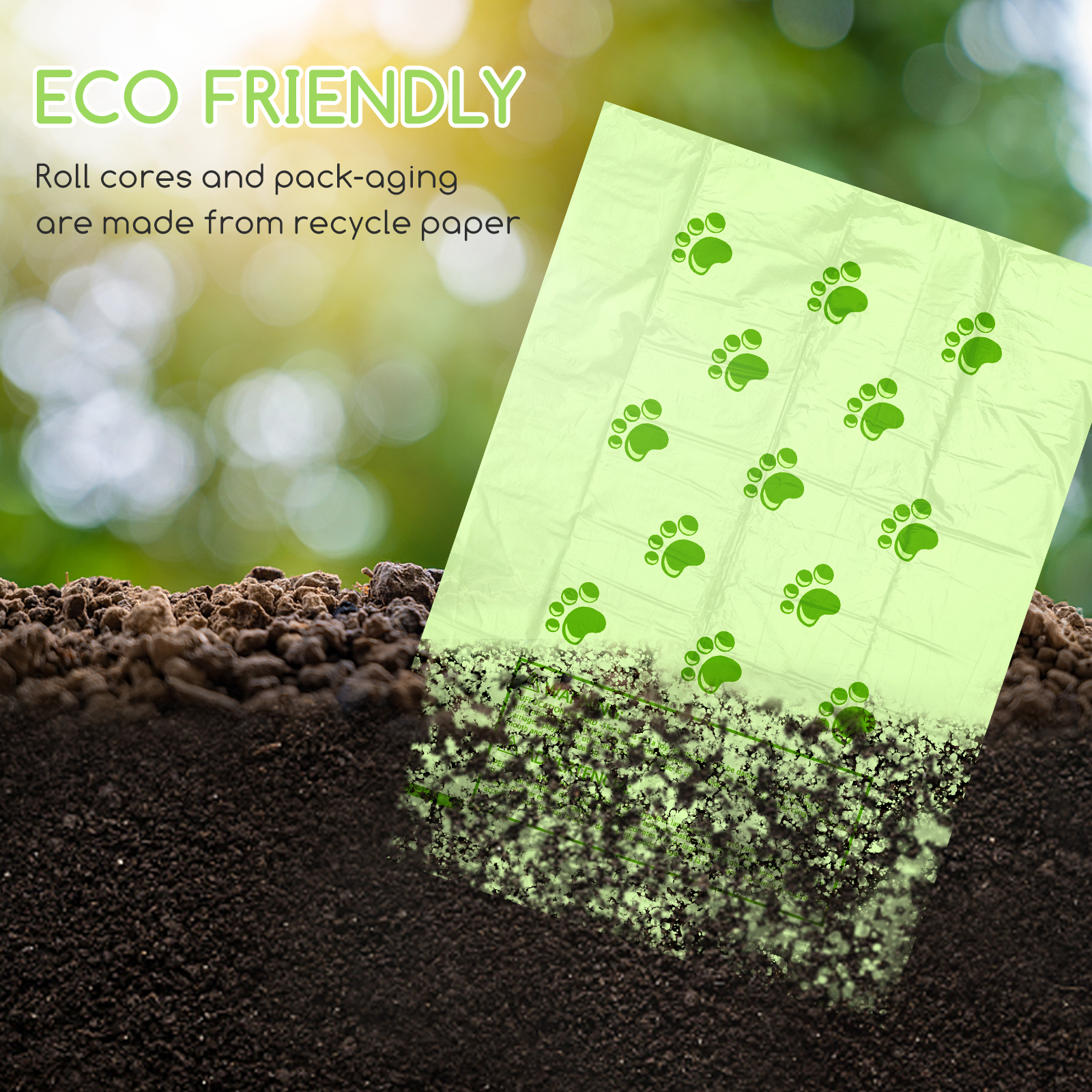 Bolsa verde para excrementos caninos con huellas de patas sobre suelo. Texto: Ecológico, hecho de papel reciclado.