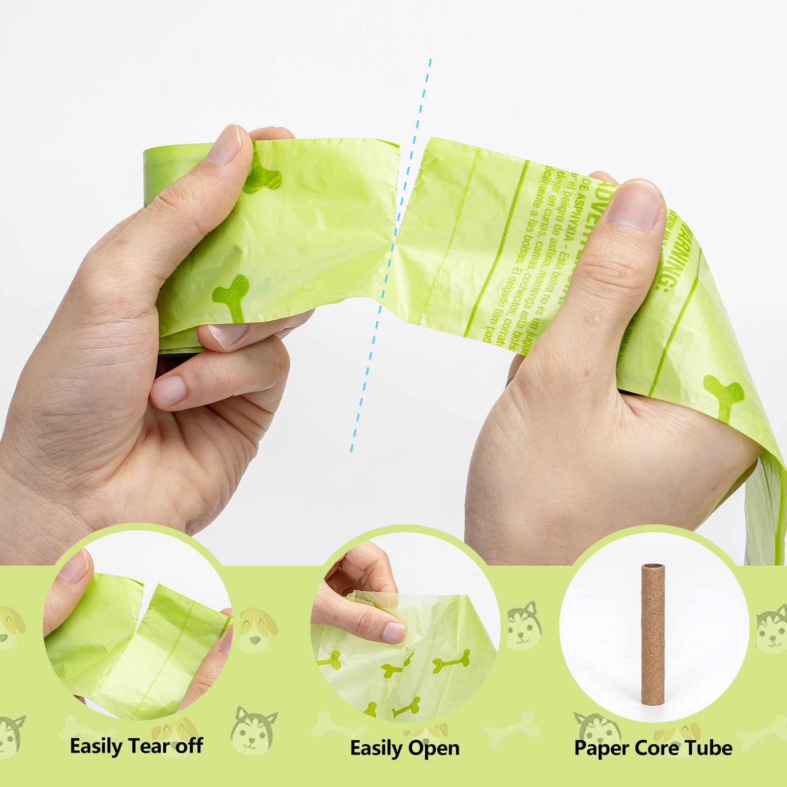 Manos rasgando una bolsa verde para desechos de perro. La parte inferior muestra un tubo de núcleo de papel.