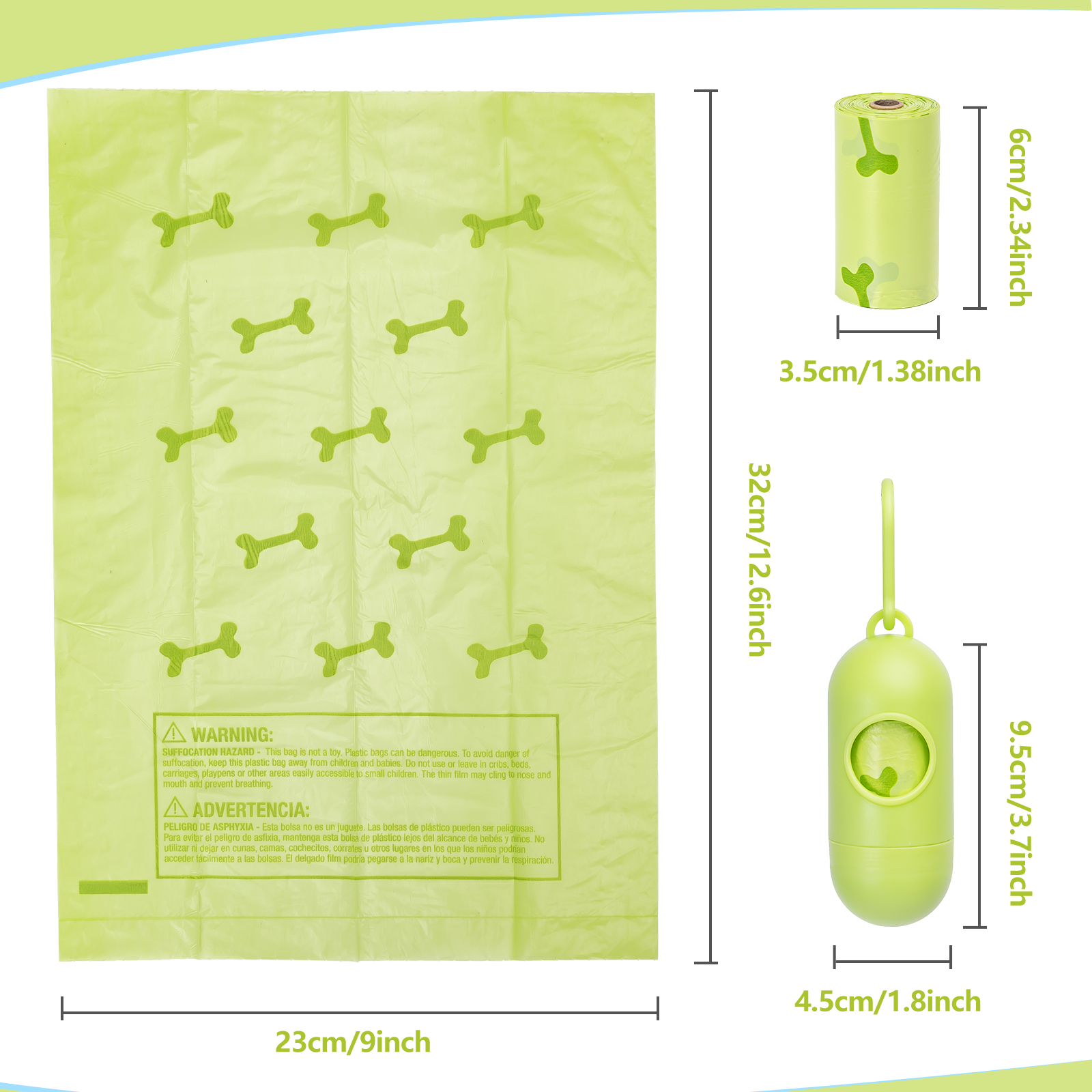 Bolsas verdes para excrementos de perro con iconos de huesos y un dispensador. Texto incluye advertencias.