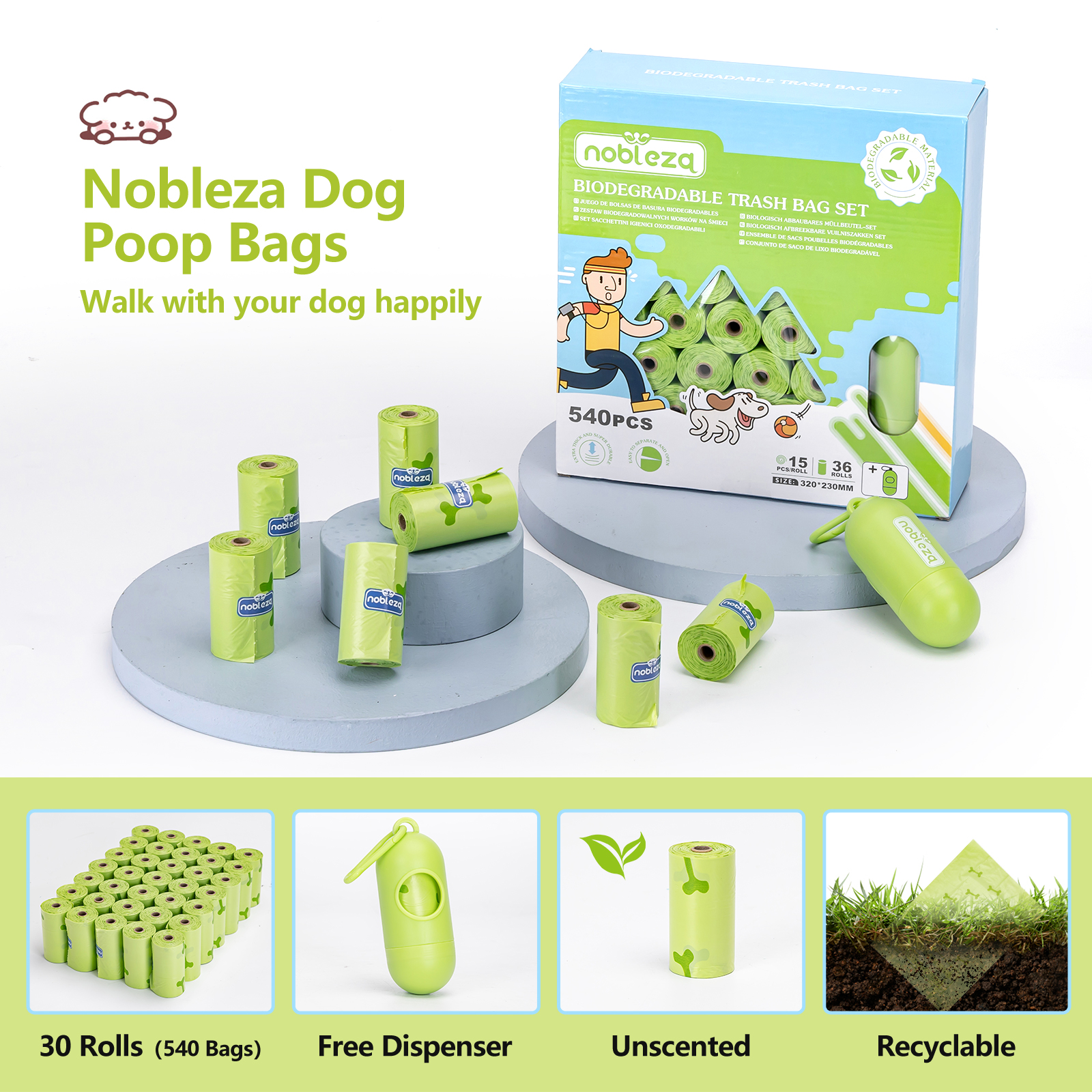 Bolsas para excrementos de perro y un dispensador. Se ven rollos de bolsas verdes.