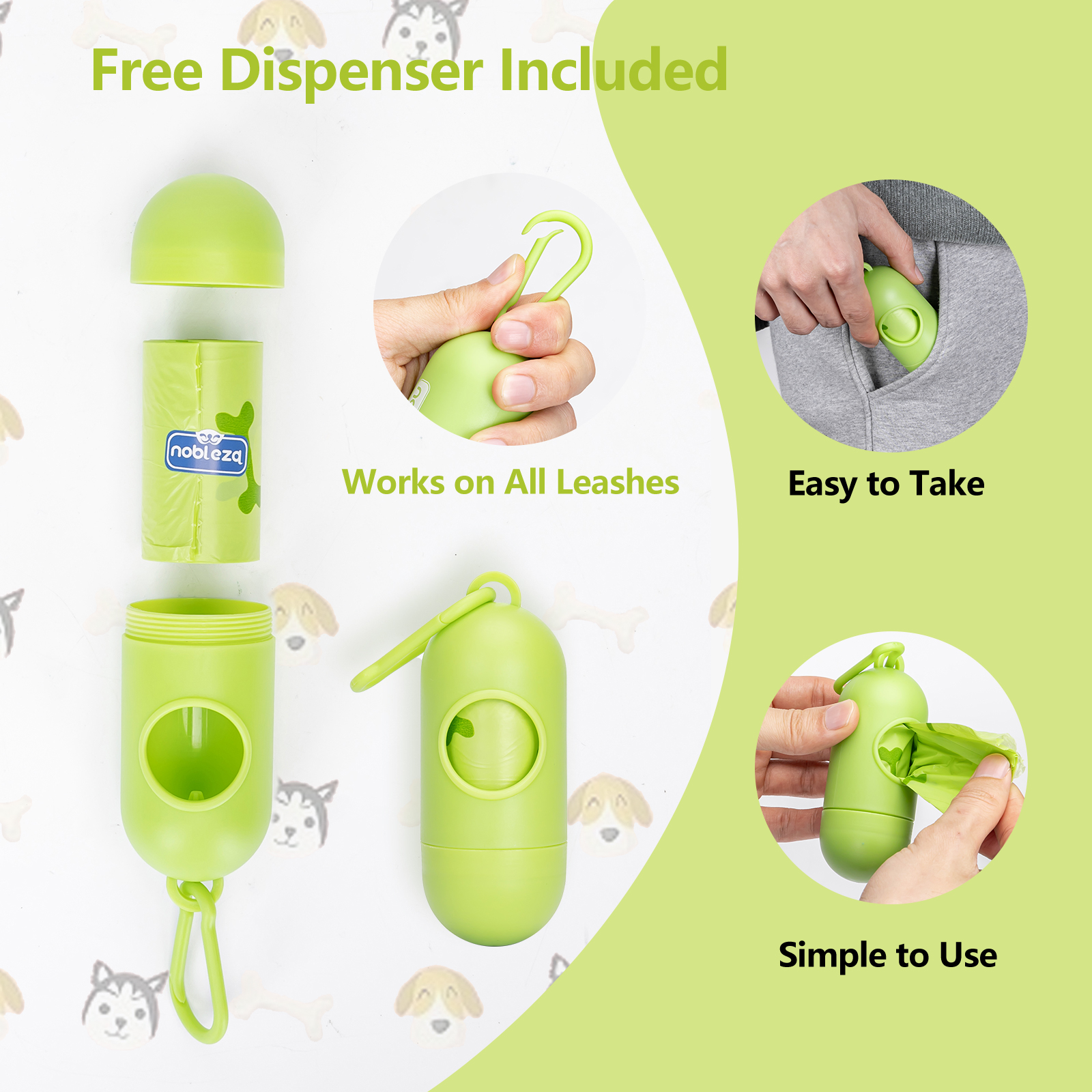 Kit dispensador de bolsas para excrementos de perro verde, con bolsas y mosquetón.