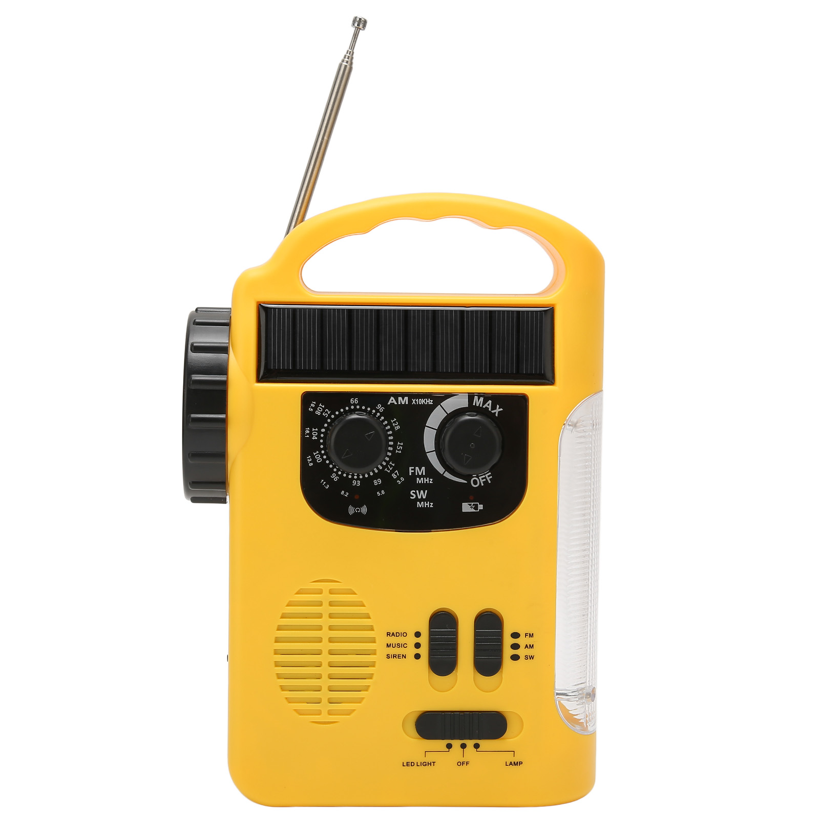 Gelbes Notfallradio mit Griff, Knöpfen, Tasten und ausziehbarer Antenne.