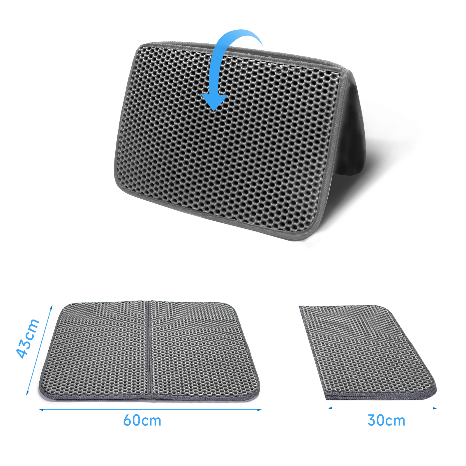 Alfombra gris para arena de gato, con dimensiones mostradas, plegada y desplegada para limpiar.