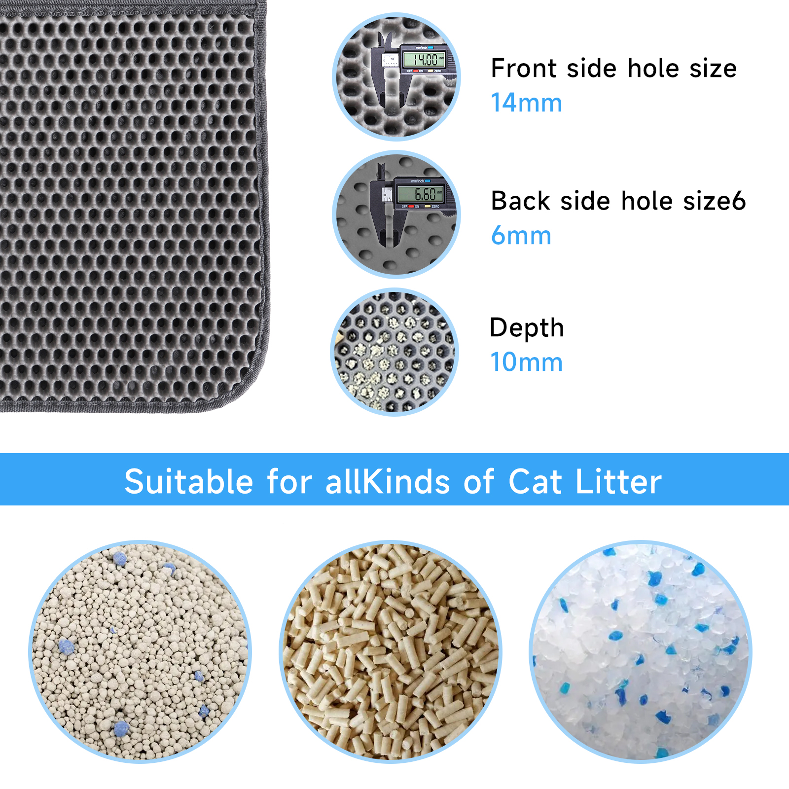 Alfombra gris para arena para gatos con agujeros y tres imágenes de arena para gatos, con medidas y detalles de profundidad.