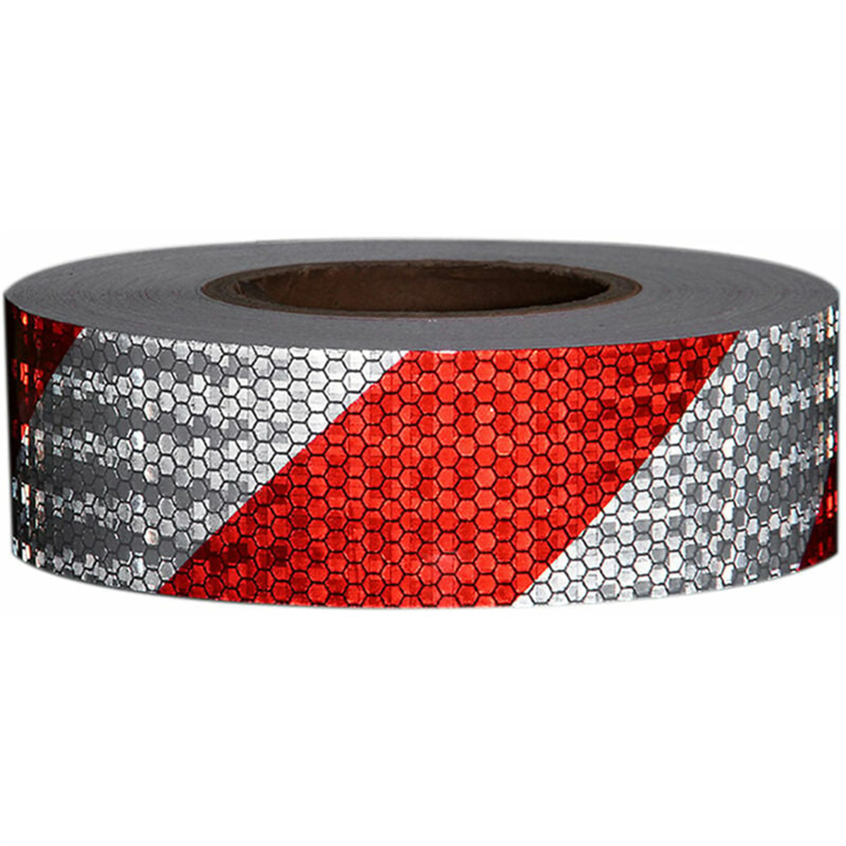 Reflektierende Klebebandrolle mit roten und silbernen diagonalen Streifen. Sechseckmuster sichtbar.