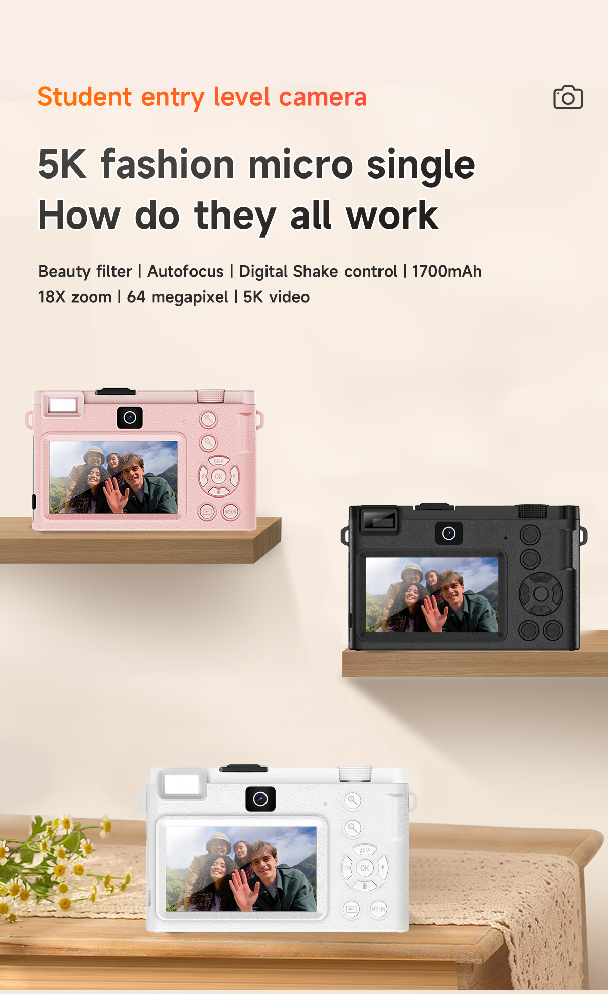Drei Kameras auf Holzregalen, rosa, schwarz und weiß. Jede hat einen Bildschirm mit einem Foto.
