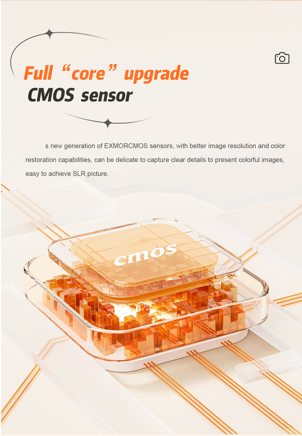 Bild eines CMOS-Sensors mit mehreren Schichten und komplizierten Innenstrukturen in einem Glasgehäuse.