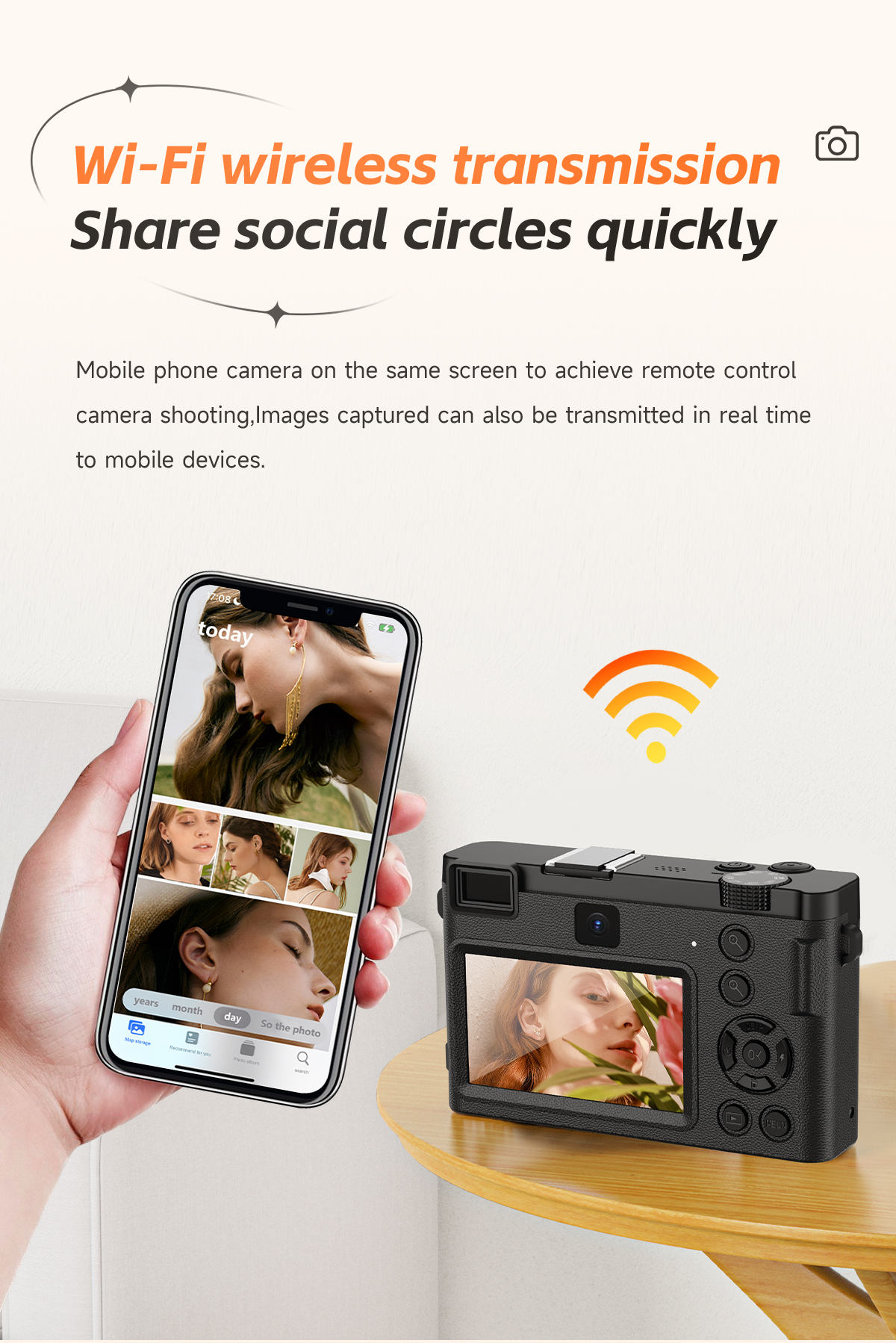 Eine Person steuert mit einem Telefon eine schwarze Kamera, die Bilder auf einem Tisch anzeigt. Wifi-Symbol vorhanden.
