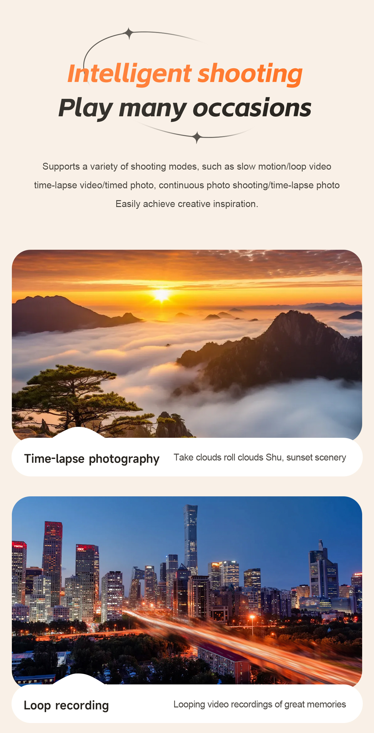 Screenshots mit Text über Zeitraffer- und Loop-Aufnahme, die Landschaften zeigen.