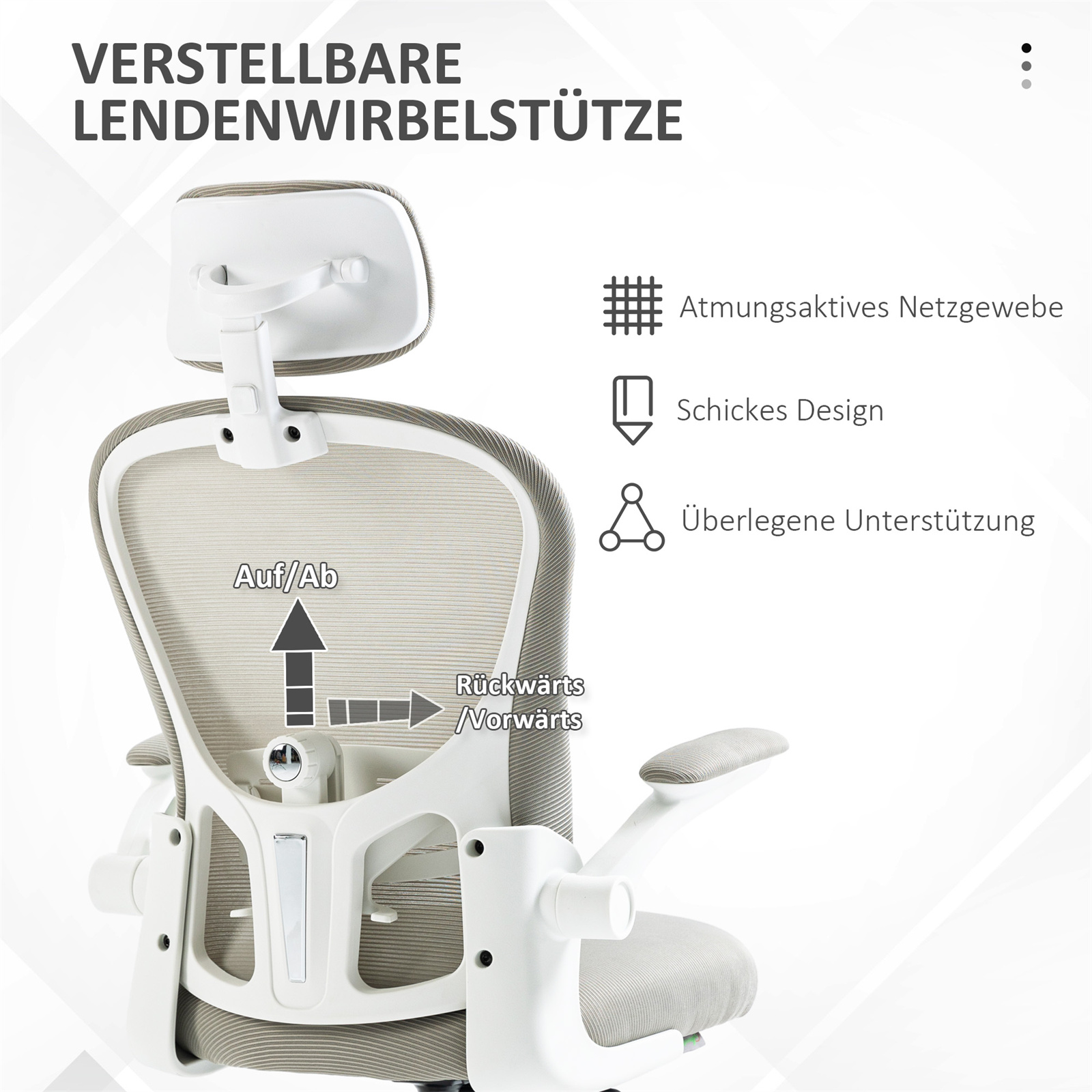 Ein weiß-grauer Bürostuhl mit verstellbarer Lendenwirbelstütze und Kopfstütze.