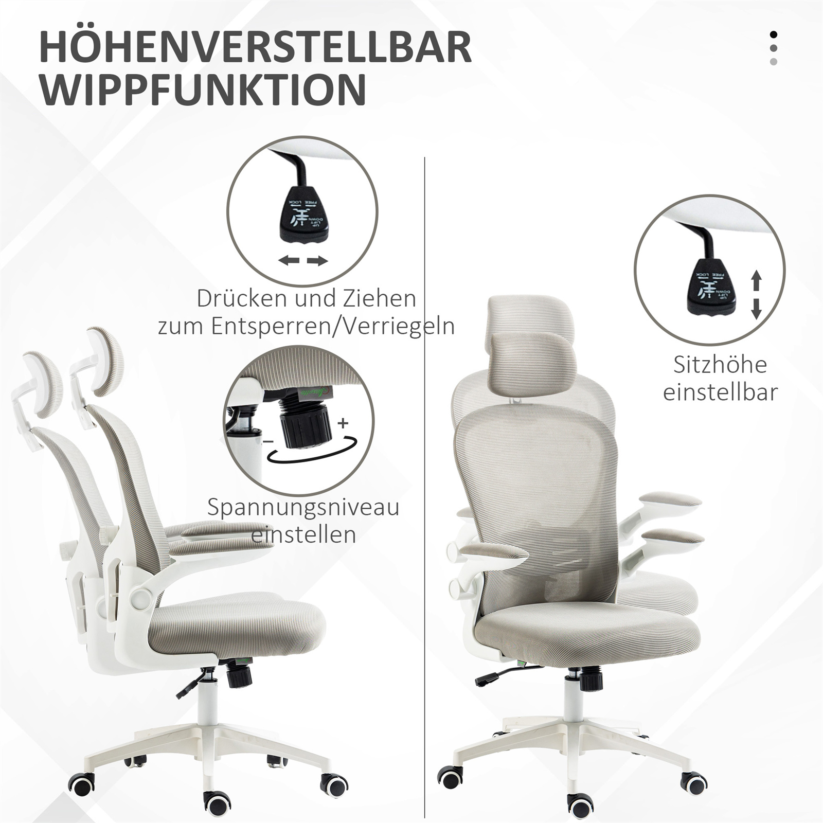 Weißer ergonomischer Bürostuhl mit verstellbarer Rückenlehne und Höheneinstellungen, auf Weiß.