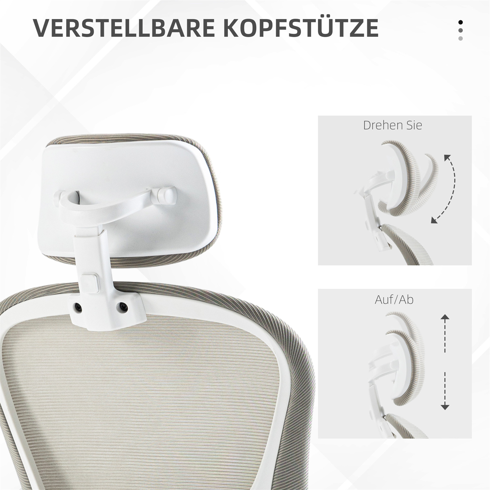 Verstellbare Kopfstütze an einem Stuhl. Zeigt Auf- und Abbewegungen und Drehrichtungen.