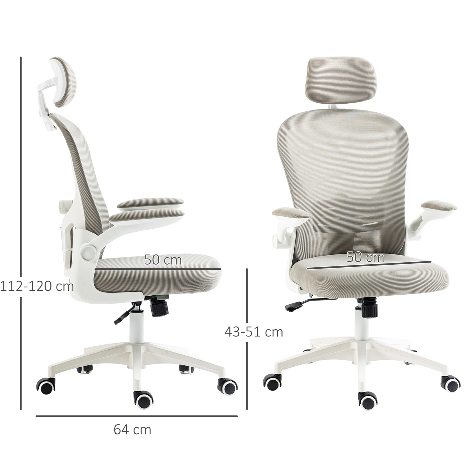 Ergonomischer Bürostuhl. Weißer Rahmen mit grauem Netzrücken, höhenverstellbar und Armlehnen. Abmessungen gezeigt.
