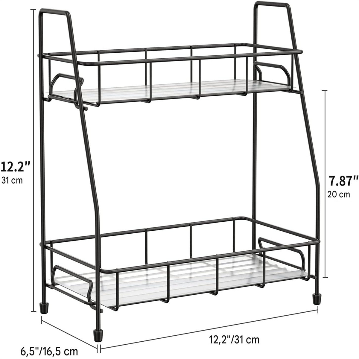 Schwarzes Metallregal mit zwei Ebenen, mit Maßangaben in Zoll und cm.