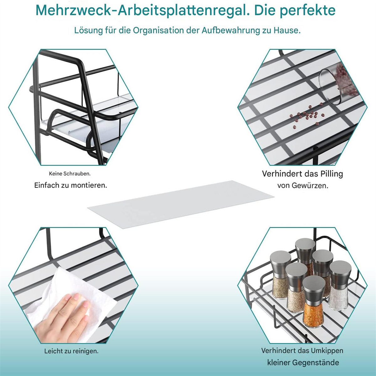 Diagramm eines Regals. Abschnitte zeigen: Montage, Reinigung mit einem Tuch und Gewürzgläser lagern.