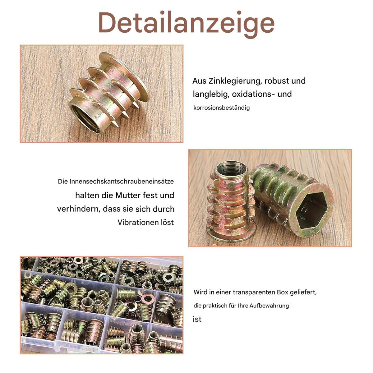 Nahaufnahmen von Metalleinsätzen in einer Box, mit Text auf Deutsch.