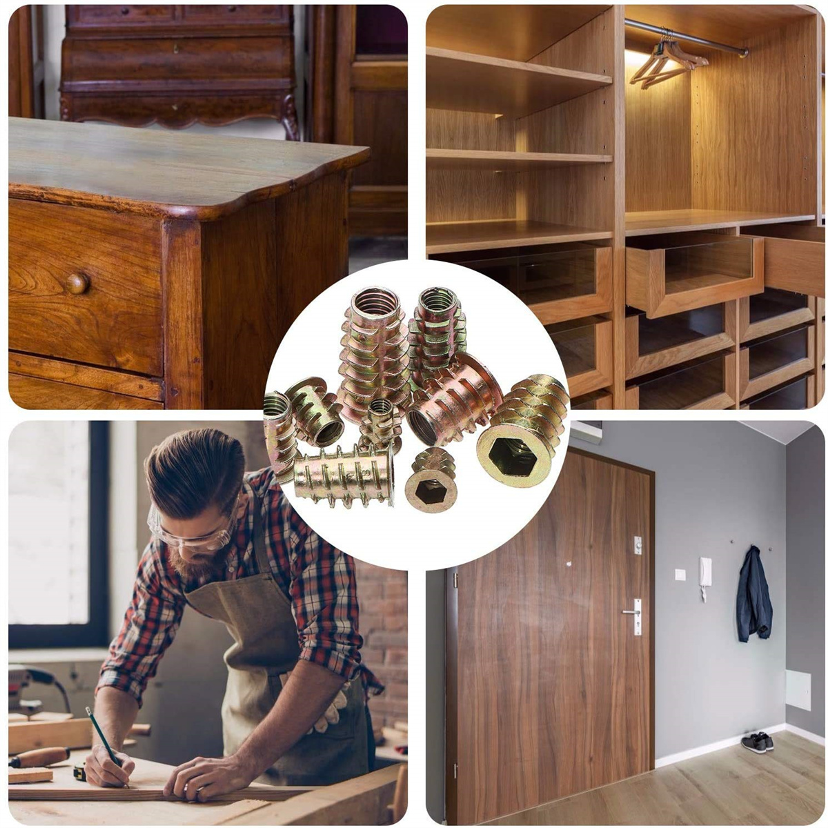 Holzbearbeitungsszene mit einem Handwerker und Werkzeugen, die Schränke, Türen und Hardware zeigen.