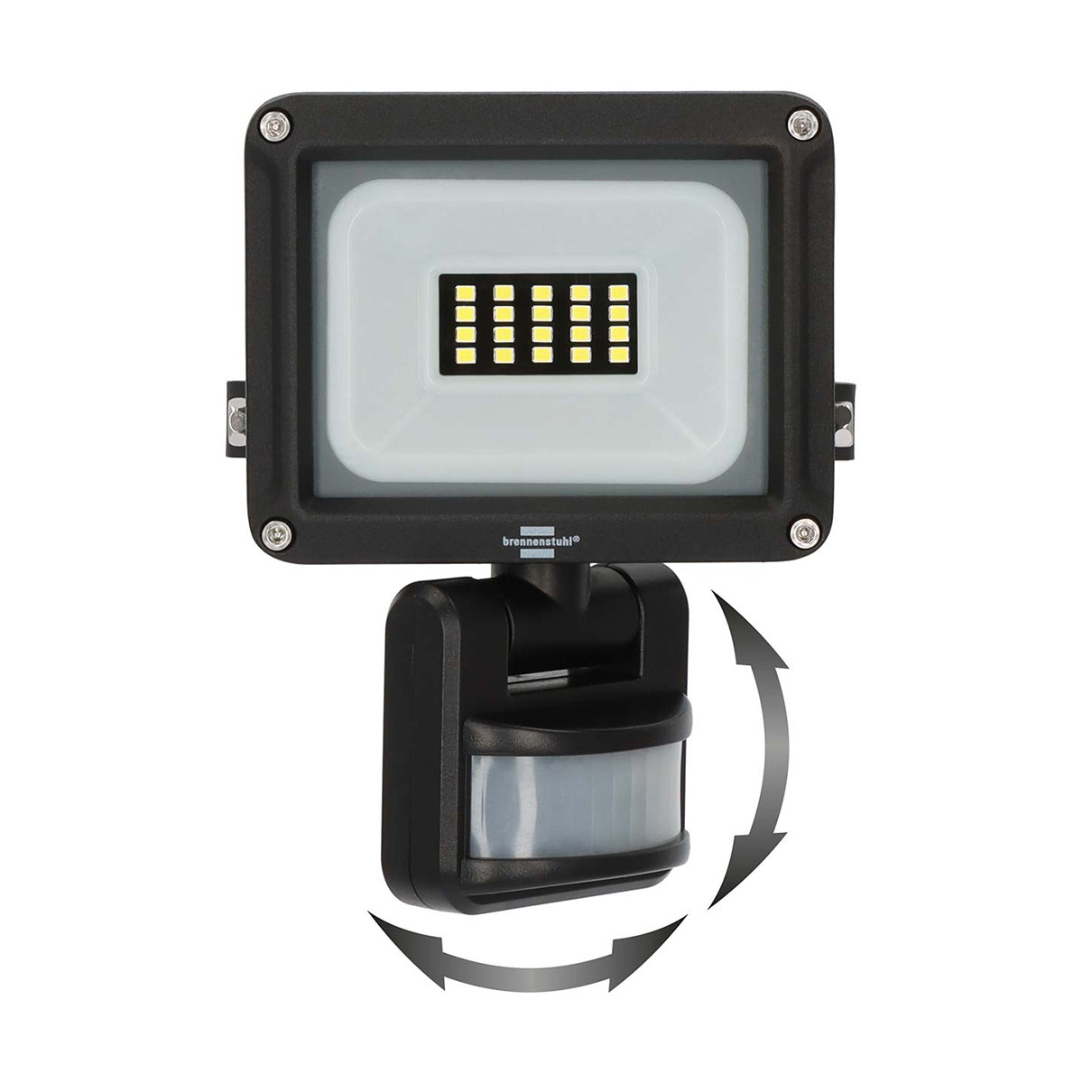 Schwarzer Fluter mit Sensor. Er ist quadratisch mit einem Licht und einem Sensor darunter. Pfeile zeigen die Bewegung.