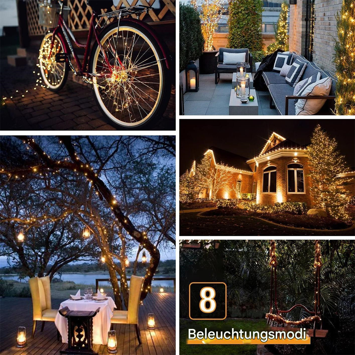 Eine Collage von Bildern, die Außenbeleuchtung zeigen: Fahrrad, Terrasse, Haus und eine Schaukel mit Lichtern.