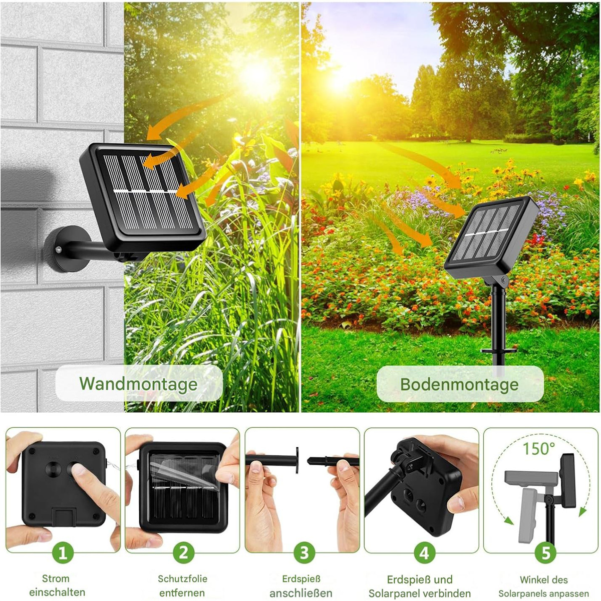 Solarpanel-Installationsanleitung, zeigt Wand- und Bodenmontageoptionen.