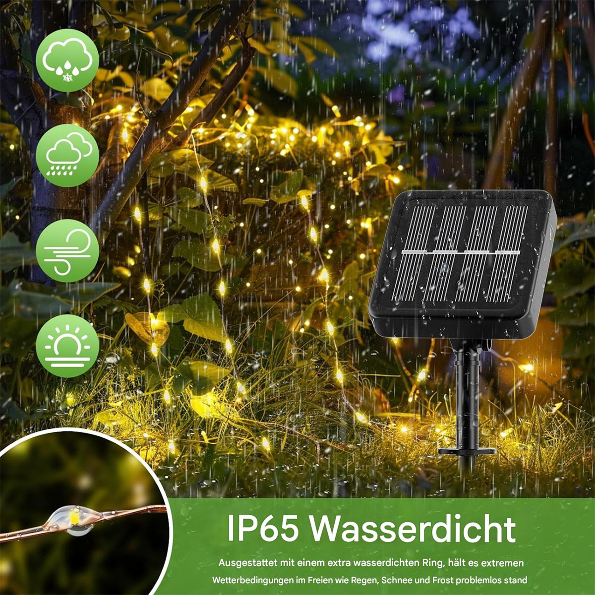 Solarbetriebene Lichter mit Regen-, Wolken- und Wind-Symbolen. Detaillierte Nahaufnahme eines Lichts.