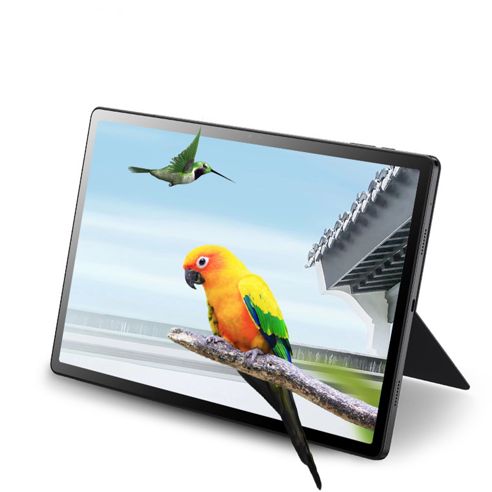 Tablet zeigt eine Szene mit einem Papagei auf einem Ast und einem Kolibri. Das Tablet steht auf einem Ständer.