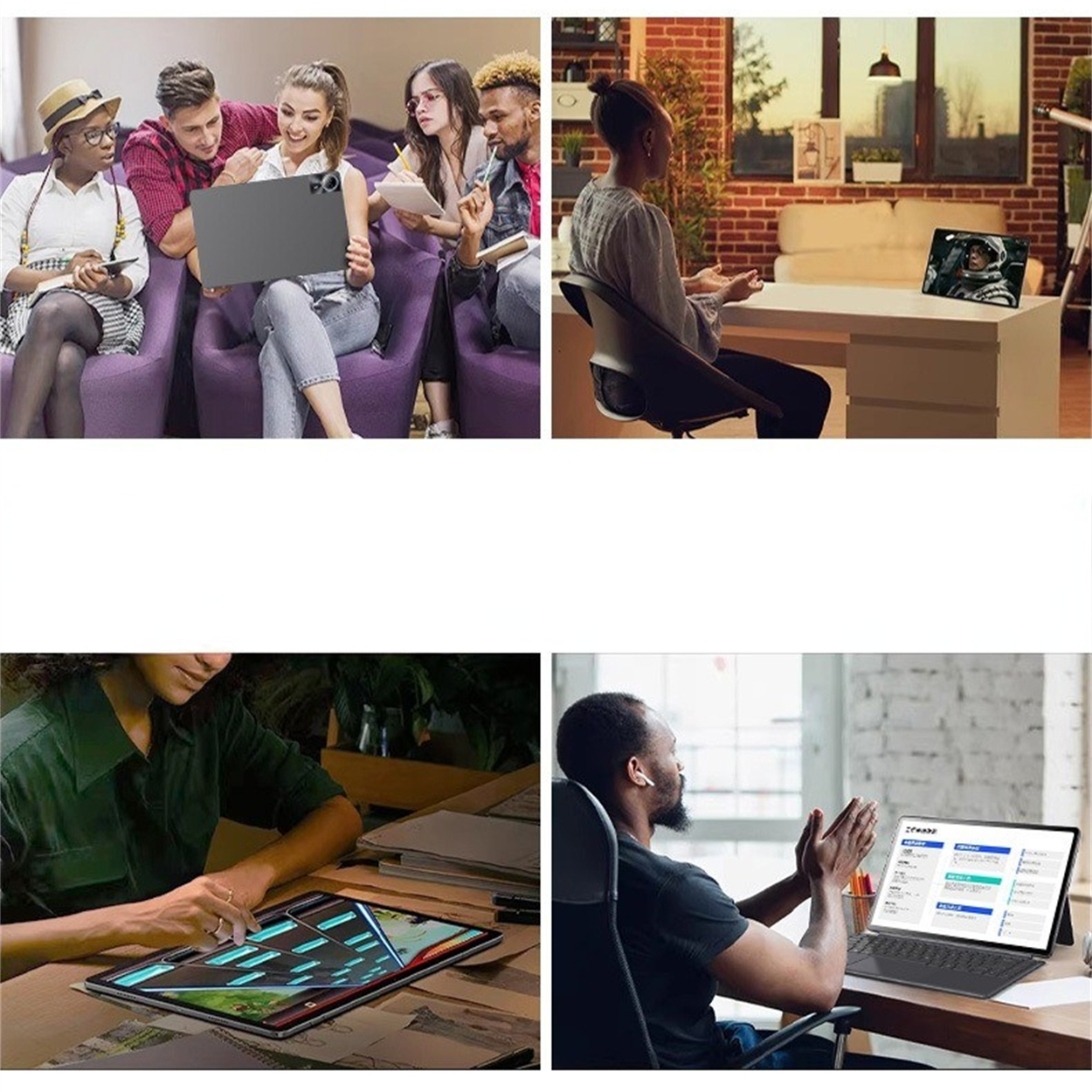 Vier Bilder, die Menschen zeigen, die Tablets und Laptops in verschiedenen Umgebungen benutzen, arbeiten.