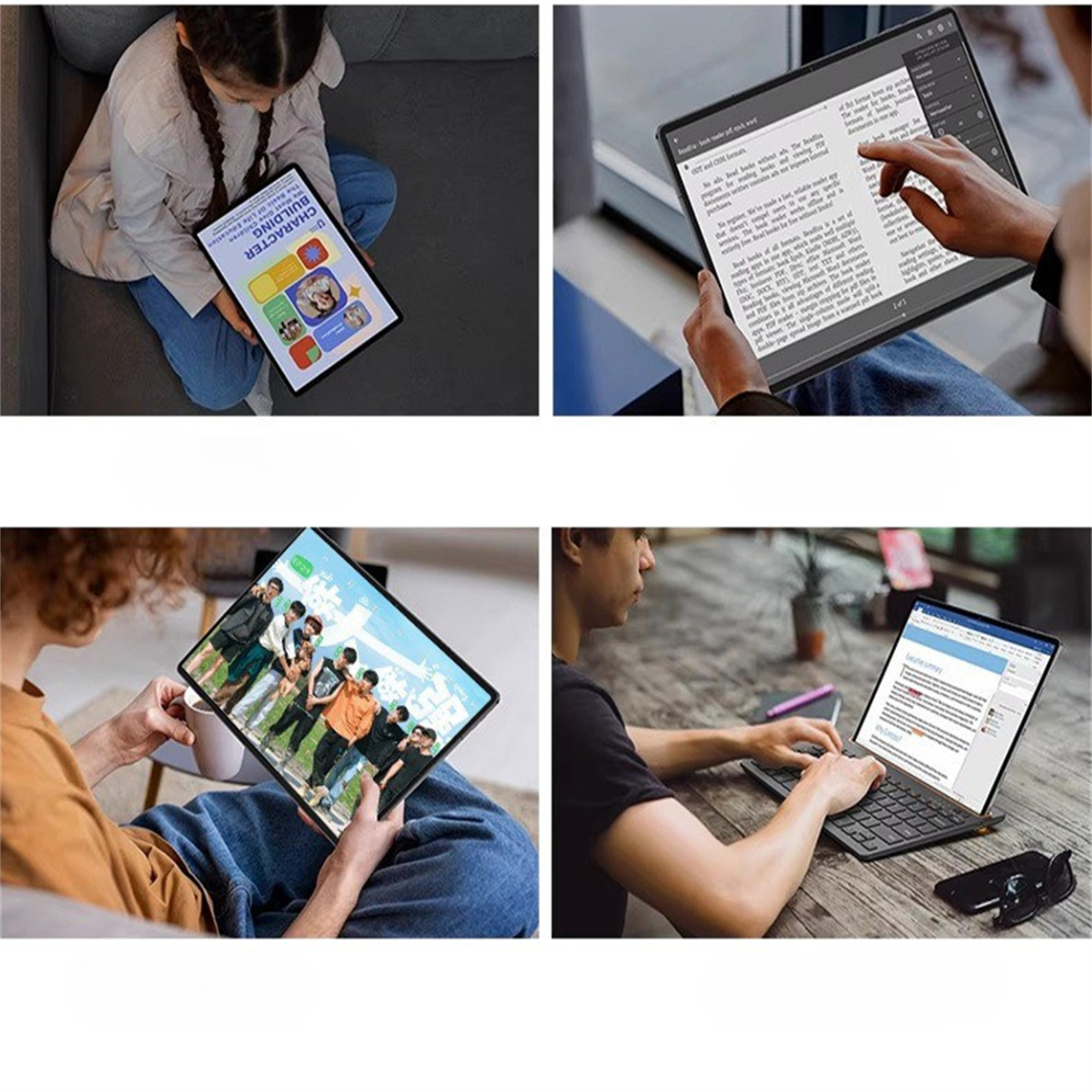 Vier Bilder, die zeigen, wie Menschen Tablets zum Lesen und Schreiben verwenden.