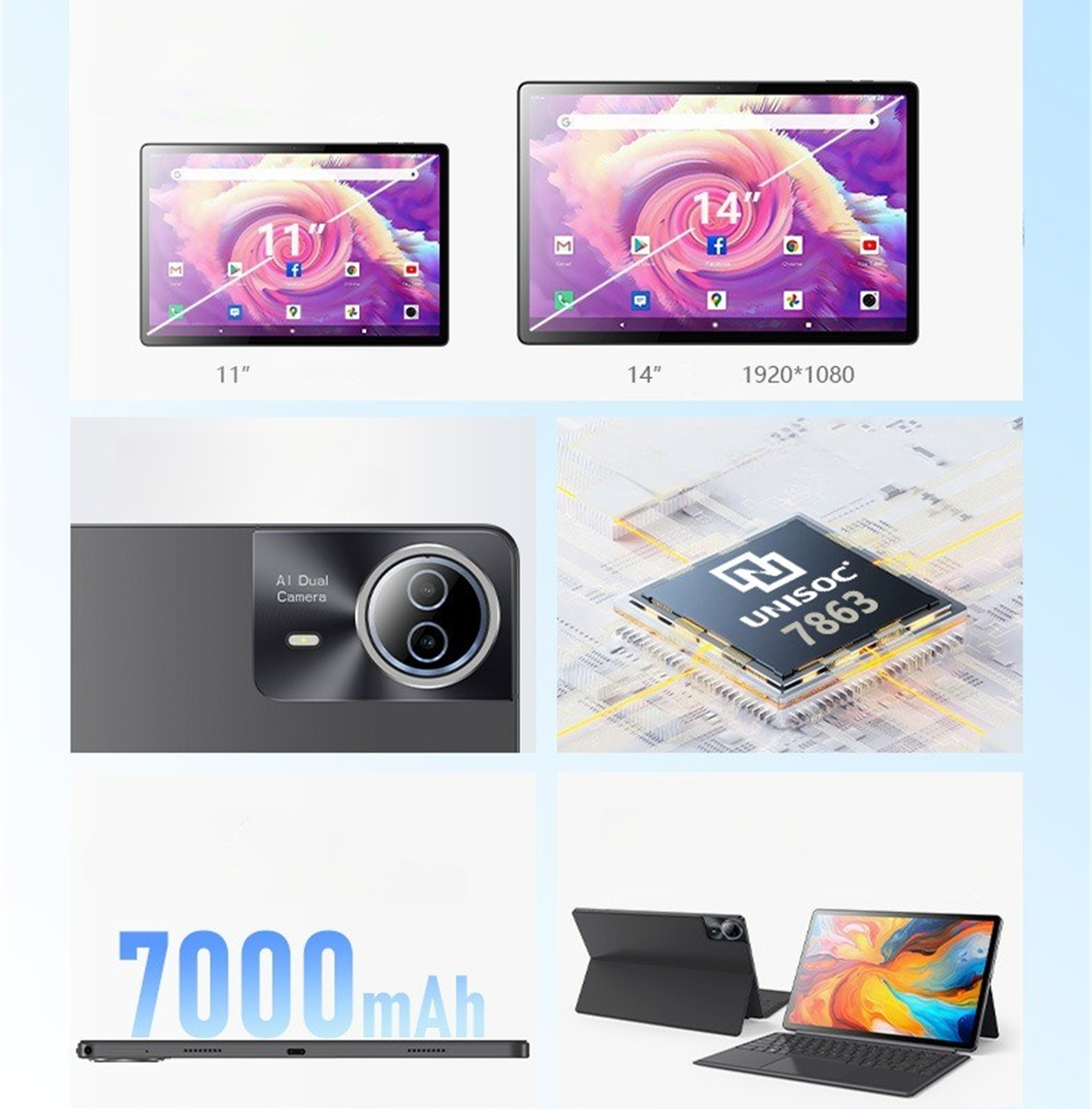 Collage aus Tablets, mit zwei Tablets, einer Kamera, einem Prozessor und einem Akku.