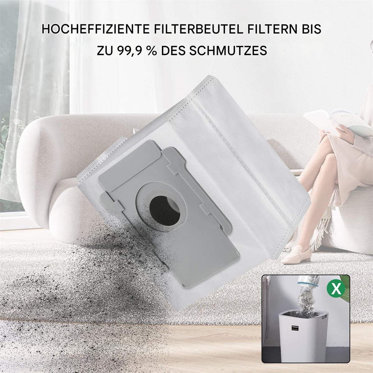 Ein weißer Staubsaugerbeutel wird mit einem grauen Kunststoffteil gezeigt. Der Beutel hat einen Filter und einen kleinen Mülleimer in der Ecke.