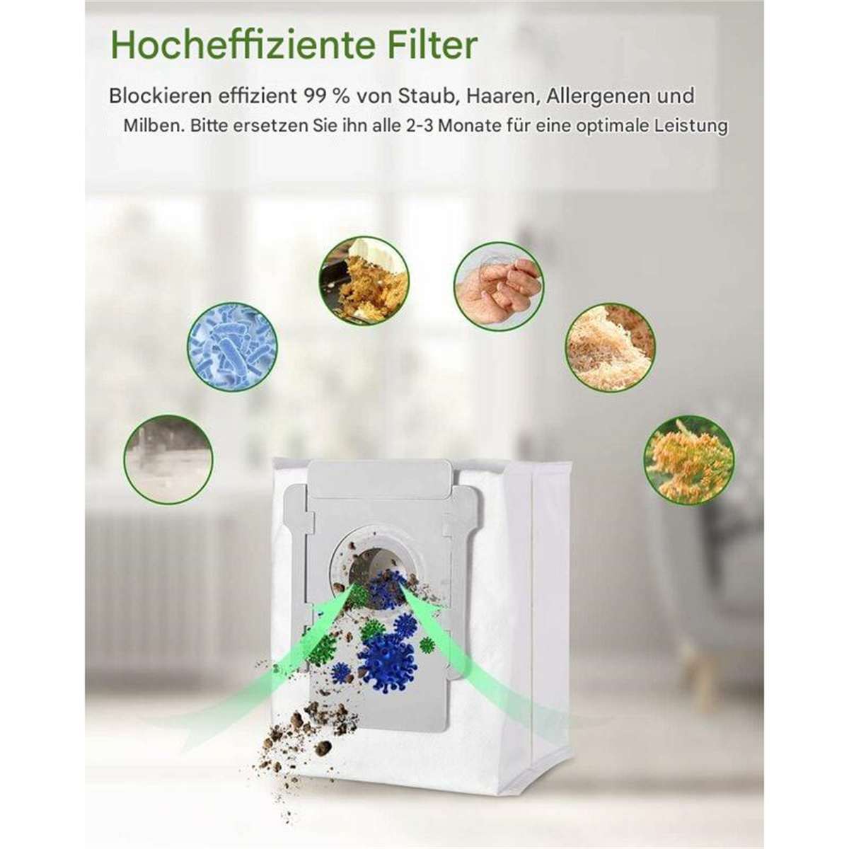 Staubsaugerbeutel mit Filter, der Staub, Haare und Allergene zeigt. Weißer Hintergrund.