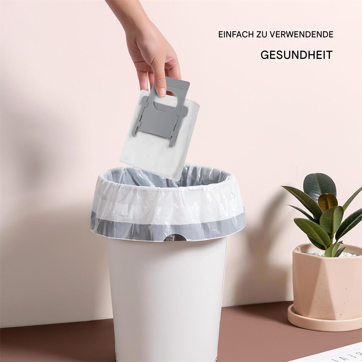 Hand wirft Filterbeutel in einen Mülleimer. Text sagt 'Einfach zu verwendende Gesundheit'.