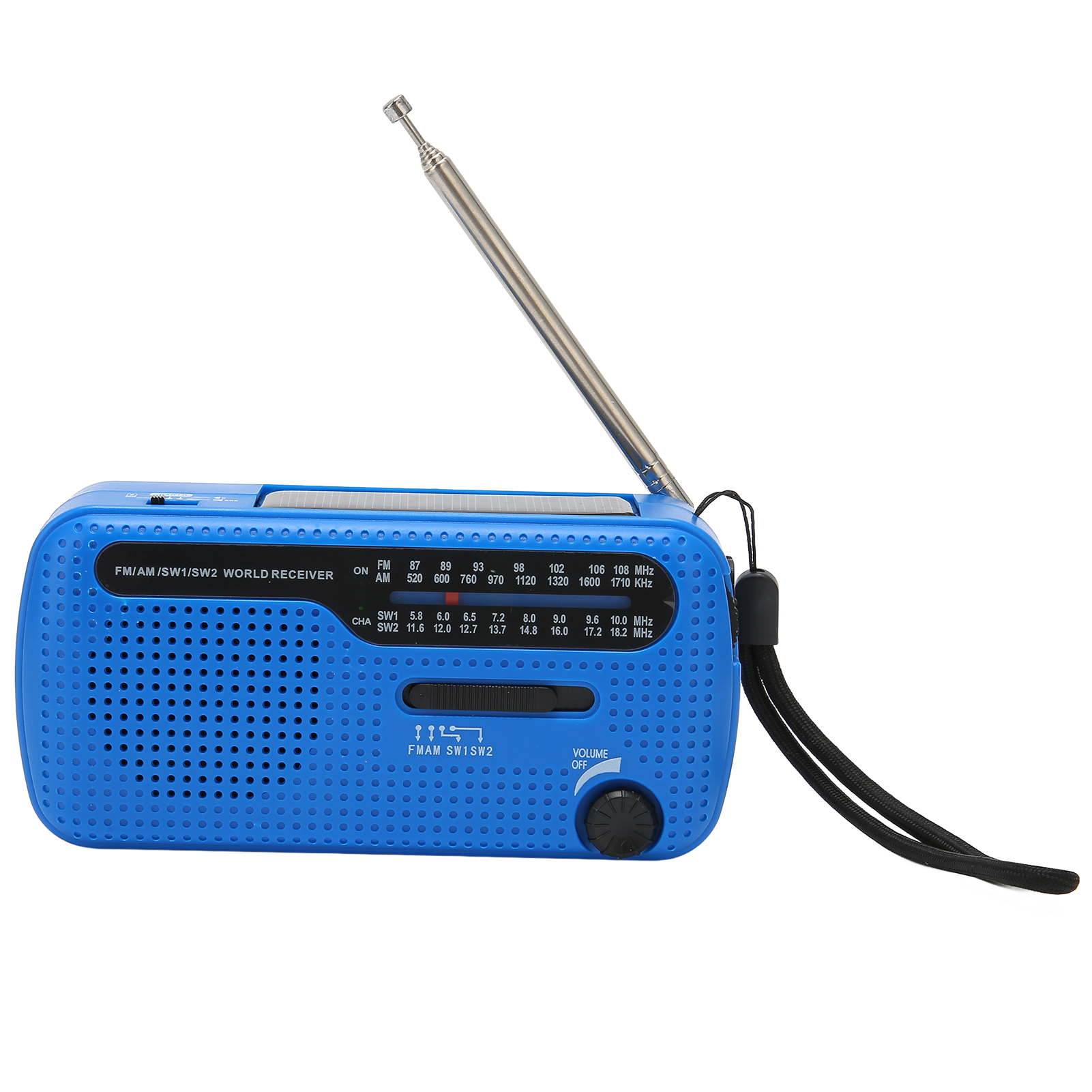 Blaues Radio mit ausziehbarer Antenne und schwarzem Riemen. Es hat einen Drehknopf.
